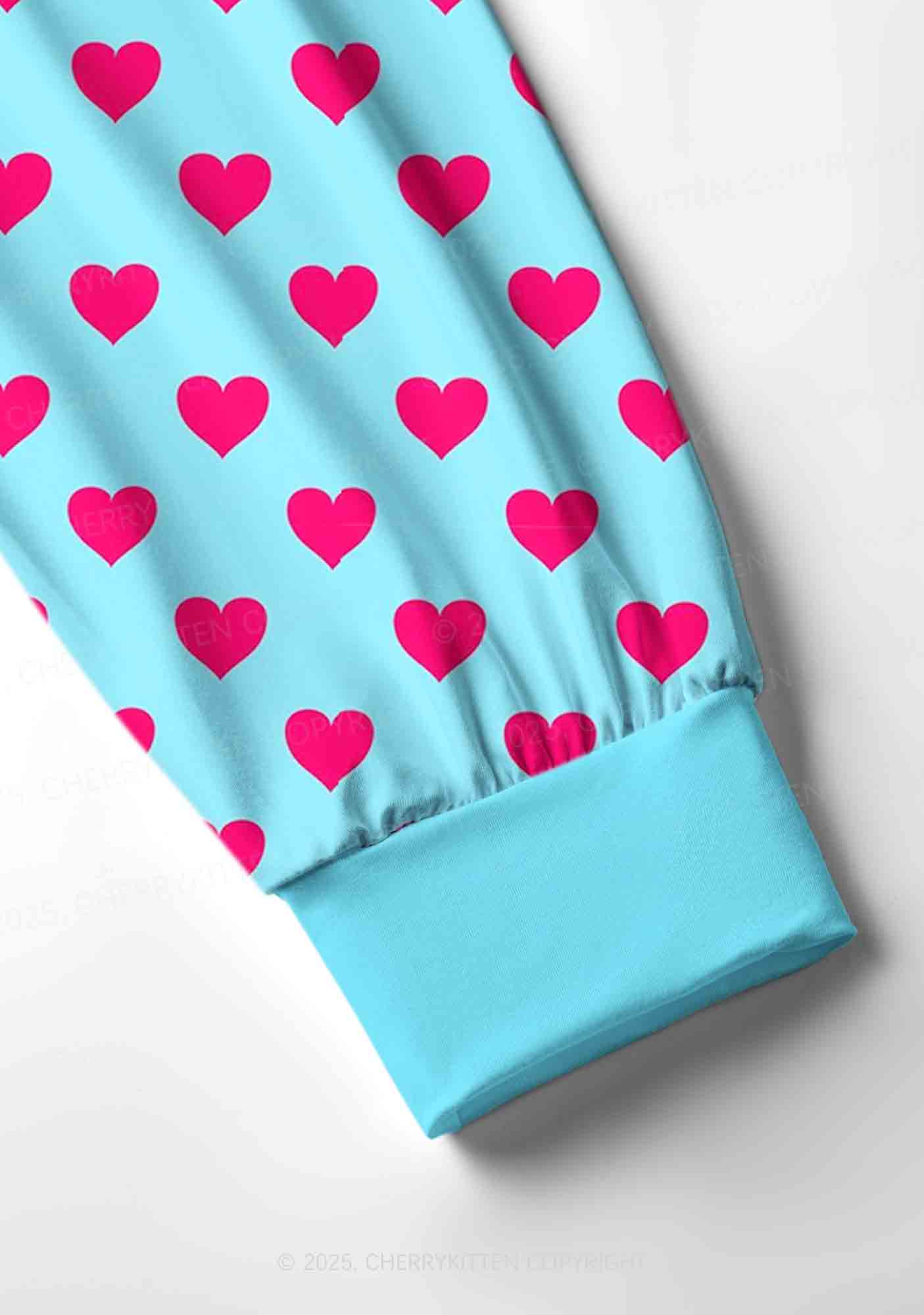 Pink Heart On Blue Valentine's Day Y2K Print Long Sleeve Pajama Set Cherrykitten - Image 4
