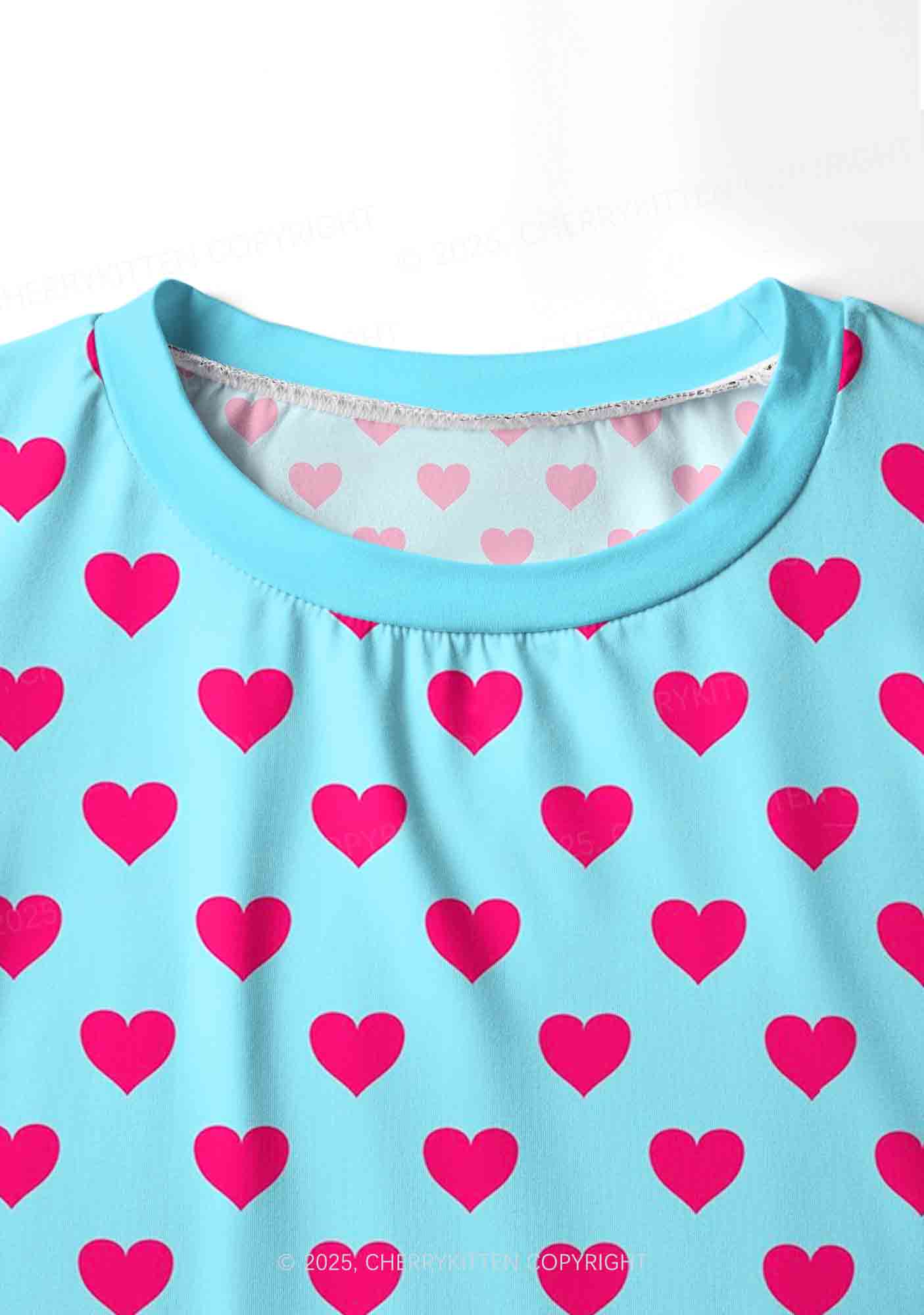 Pink Heart On Blue Valentine's Day Y2K Print Long Sleeve Pajama Set Cherrykitten - Image 5