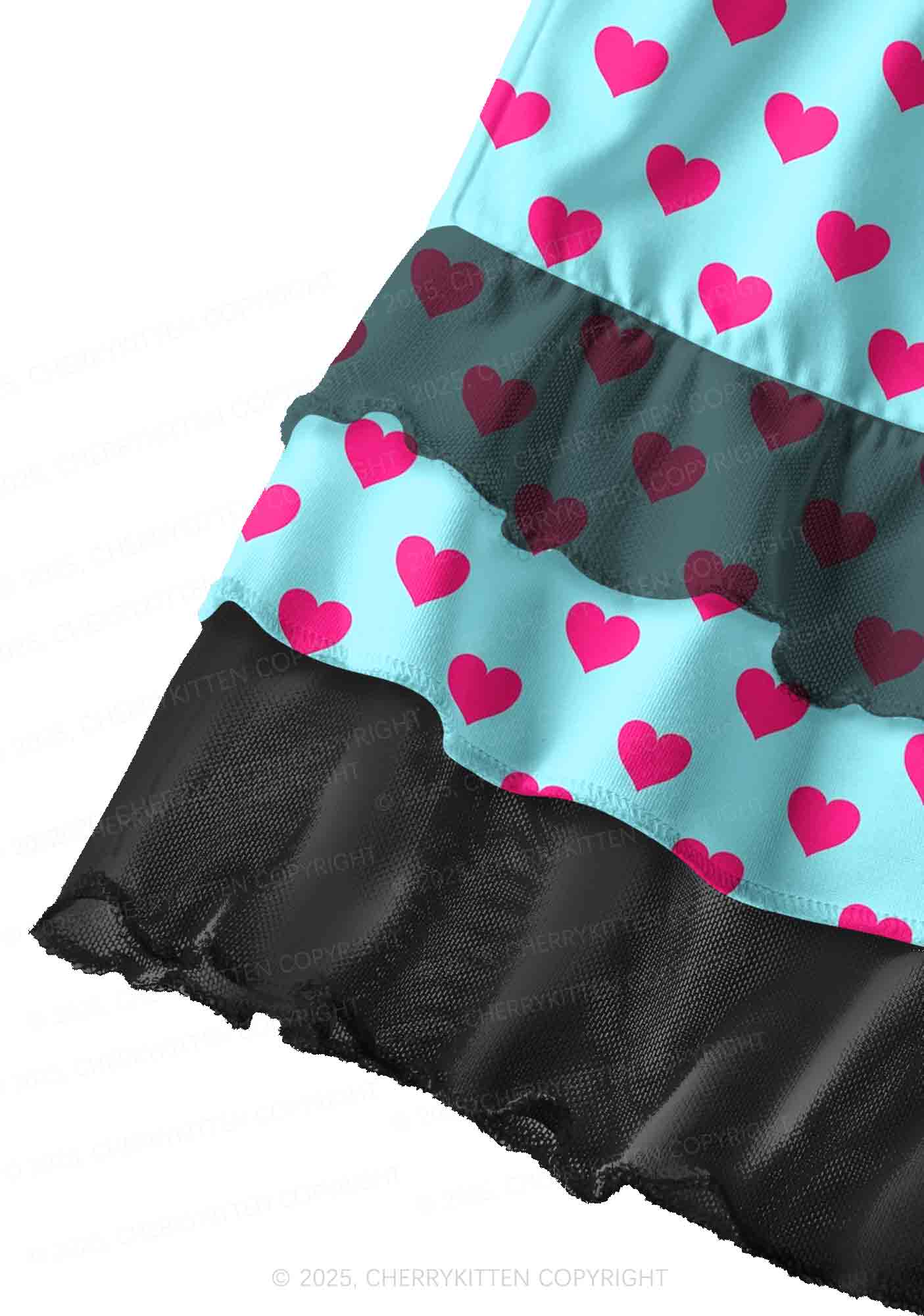 Pink Heart On Blue Valentine's Day Y2K Print Mini Layered Skirt Cherrykitten - Image 2