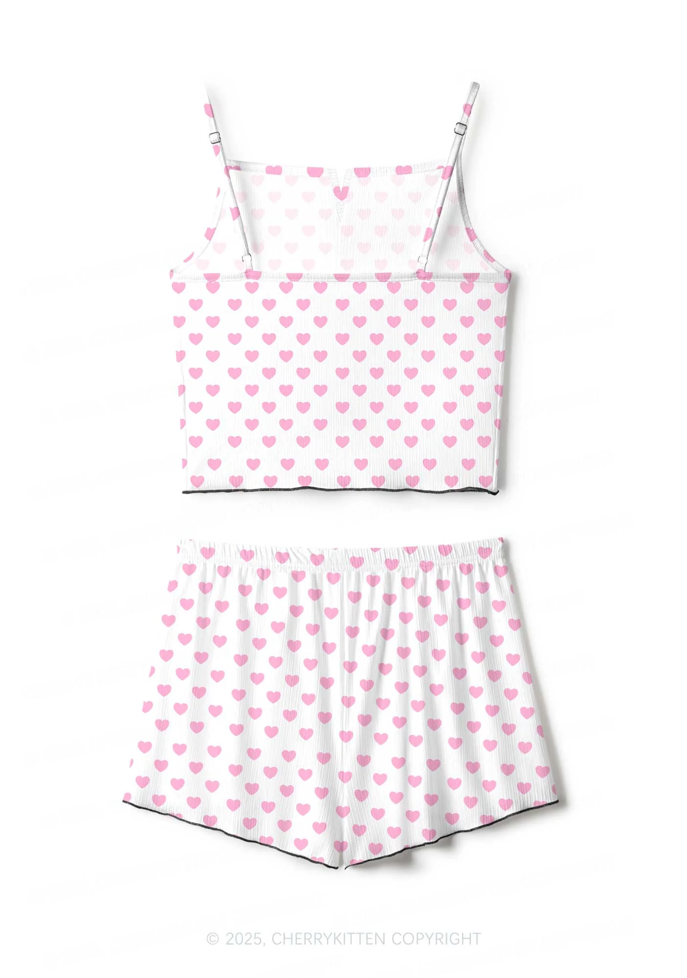 Pink Heart On White Valentine's Day Y2K Print Cami Shorts Pajama Set Cherrykitten - Image 2