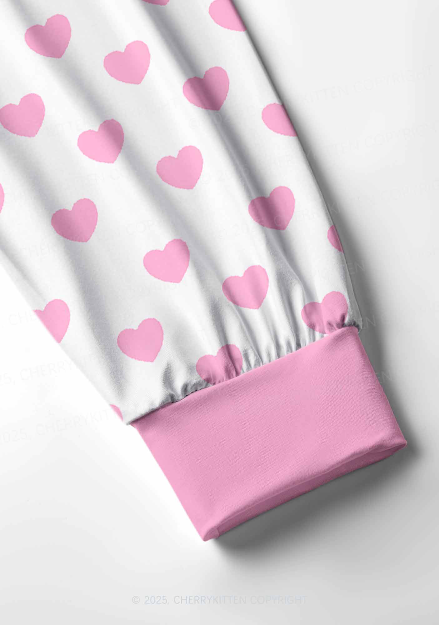 Pink Heart On White Valentine's Day Y2K Print Long Sleeve Pajama Set Cherrykitten - Image 4