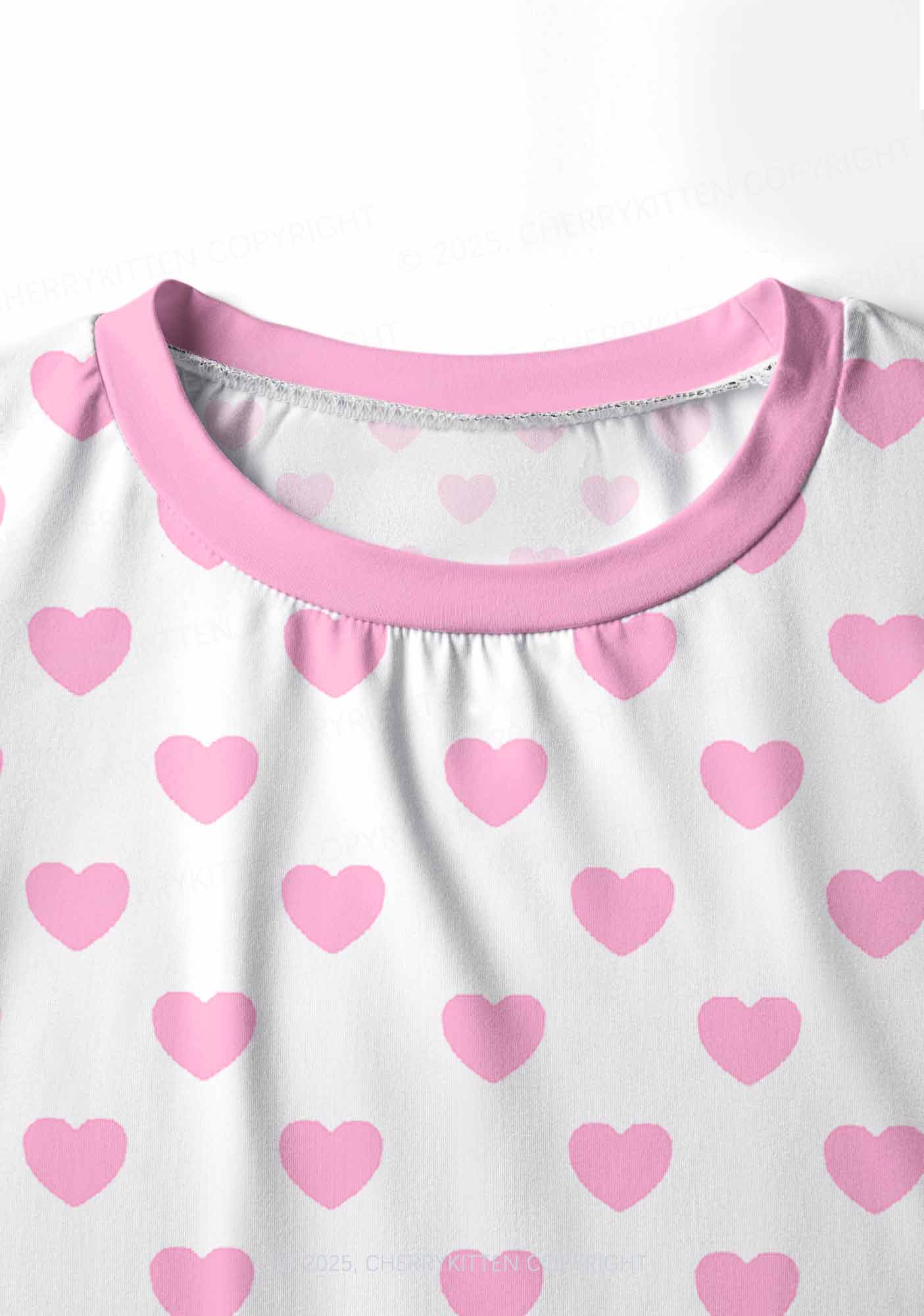 Pink Heart On White Valentine's Day Y2K Print Long Sleeve Pajama Set Cherrykitten - Image 5