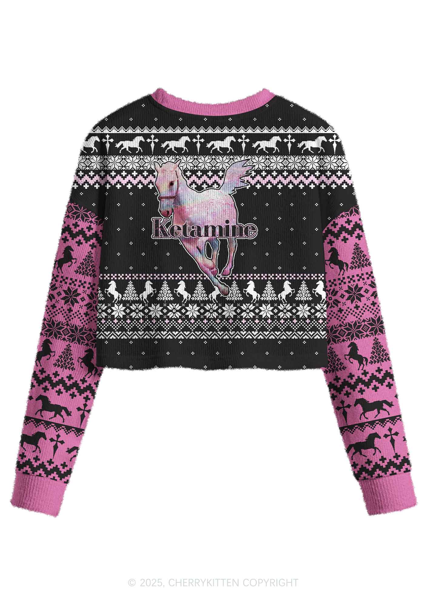 Pink Horse Y2K Christmas Crop Knit Sweatshirt Cherrykitten - Image 2