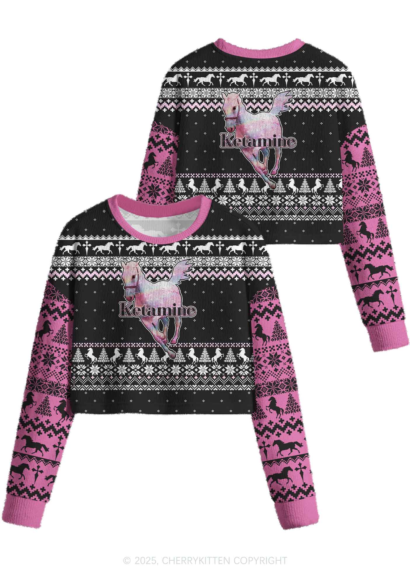 Pink Horse Y2K Christmas Crop Knit Sweatshirt Cherrykitten - Image 3