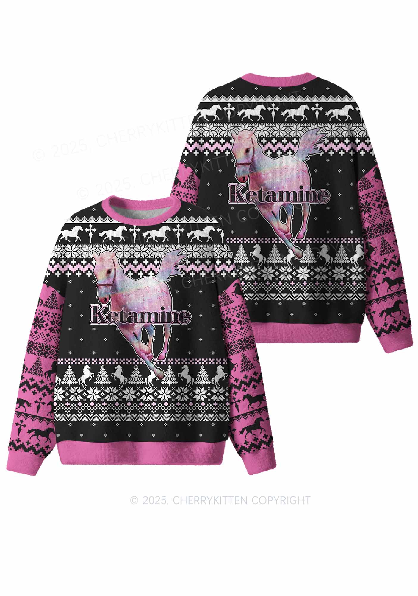 Pink Horse Y2K Christmas Knit Sweatshirt Cherrykitten - Image 3