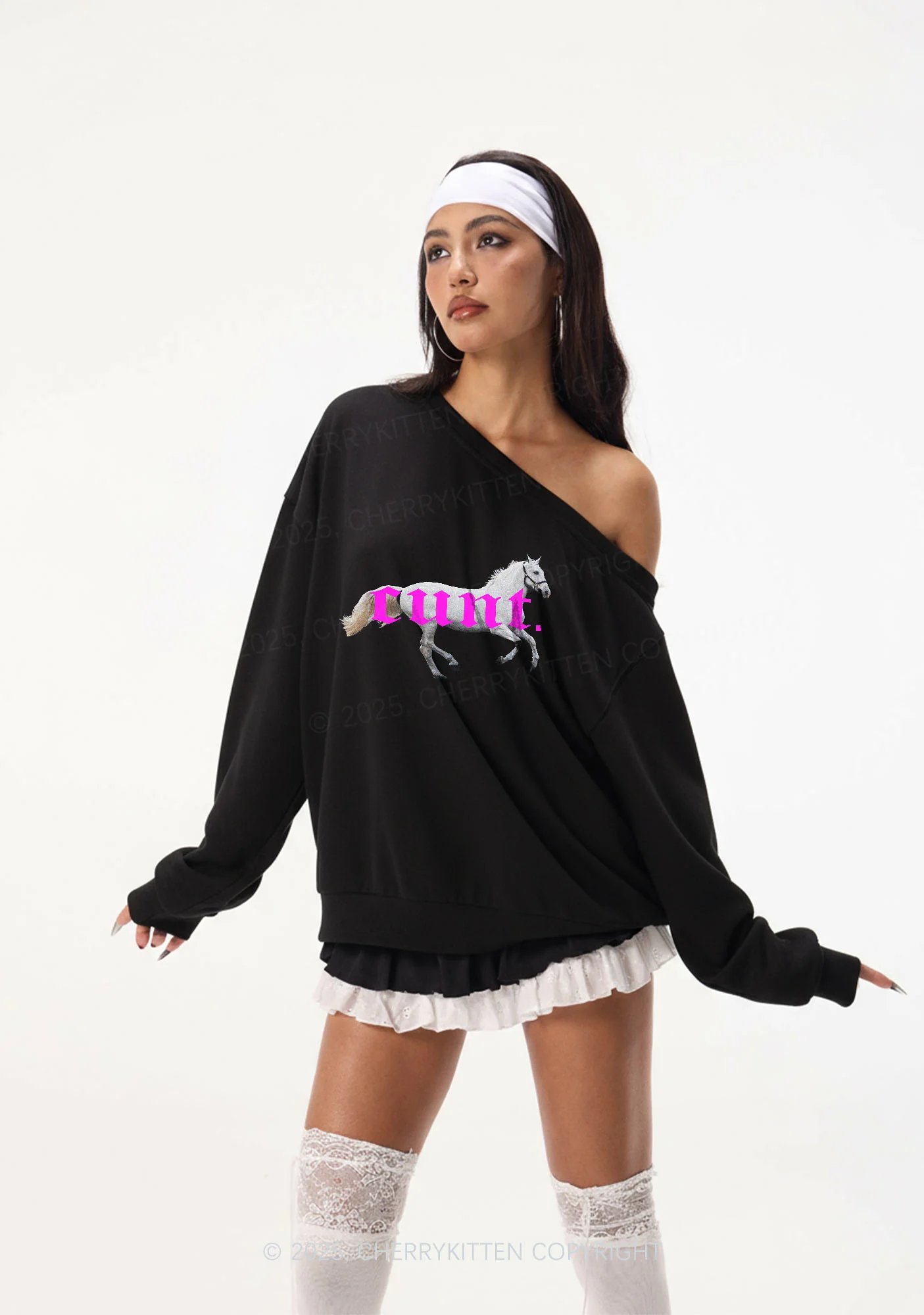 Pink Horse Y2K Off Shoulder Sweatshirts Cherrykitten - Image 2