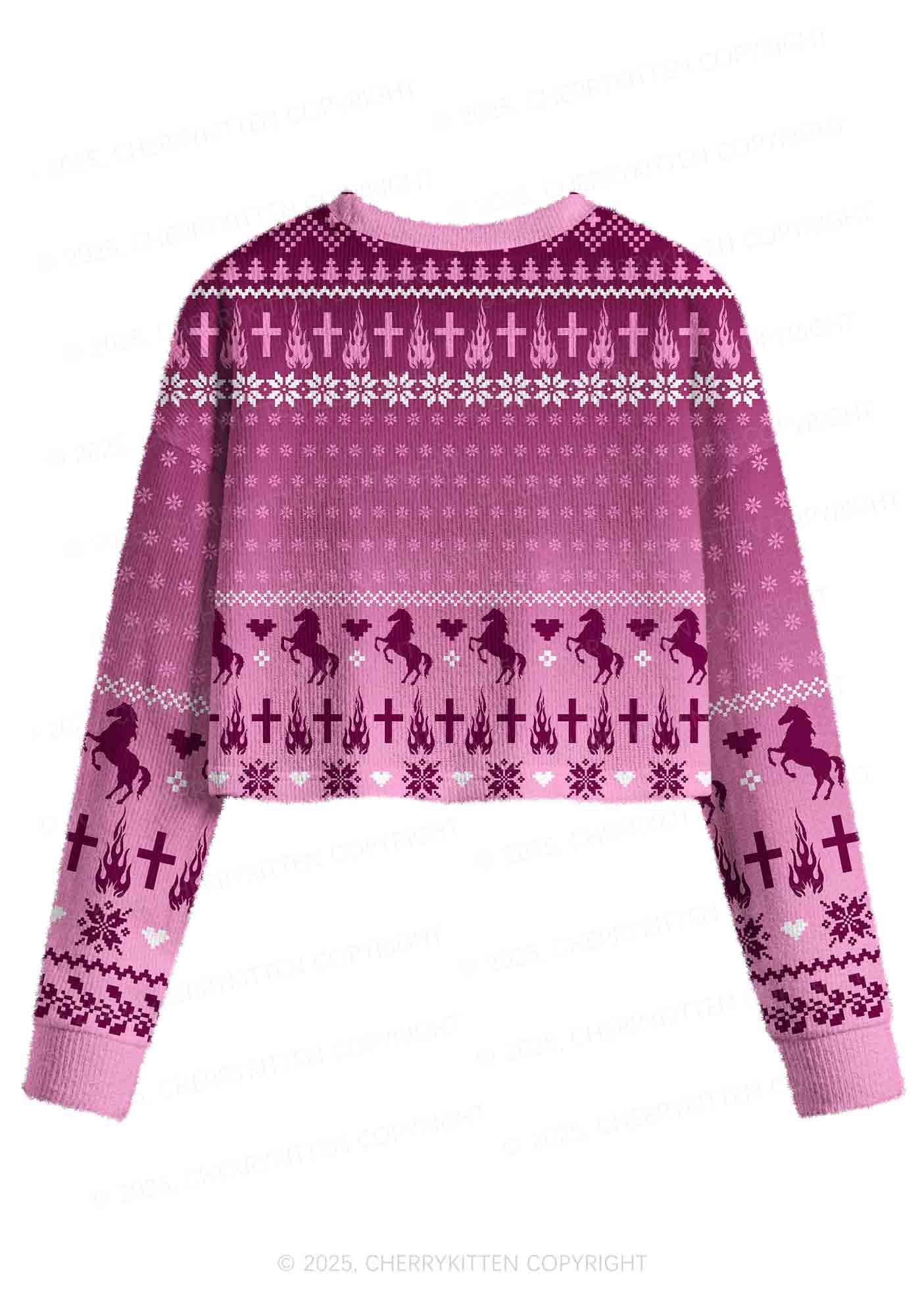 Pink K Pony Y2K Christmas Crop Knit Sweatshirt Cherrykitten - Image 2