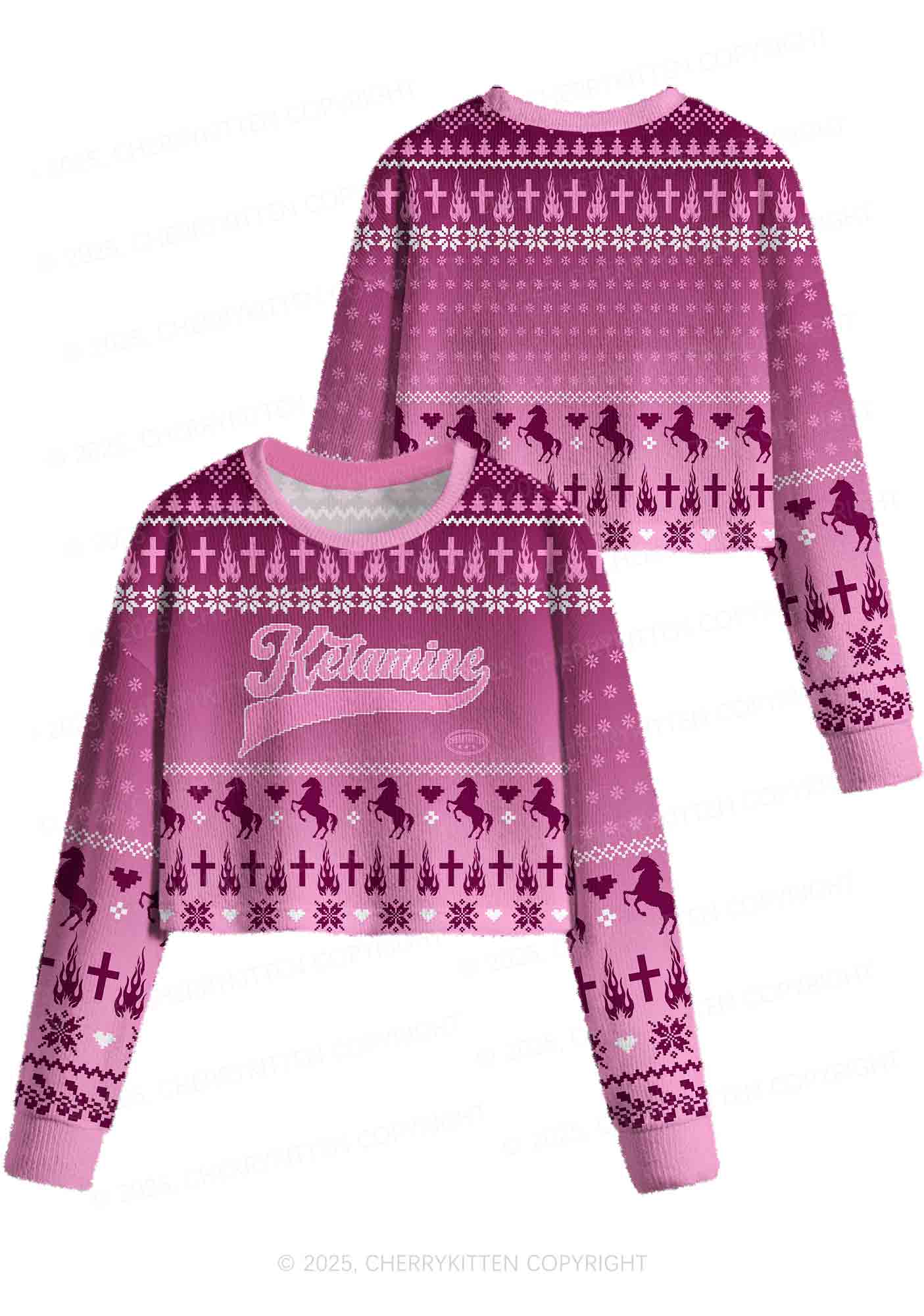 Pink K Pony Y2K Christmas Crop Knit Sweatshirt Cherrykitten - Image 3