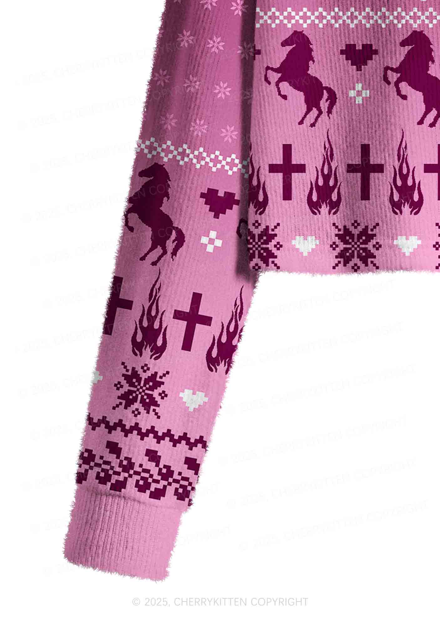 Pink K Pony Y2K Christmas Crop Knit Sweatshirt Cherrykitten - Image 5