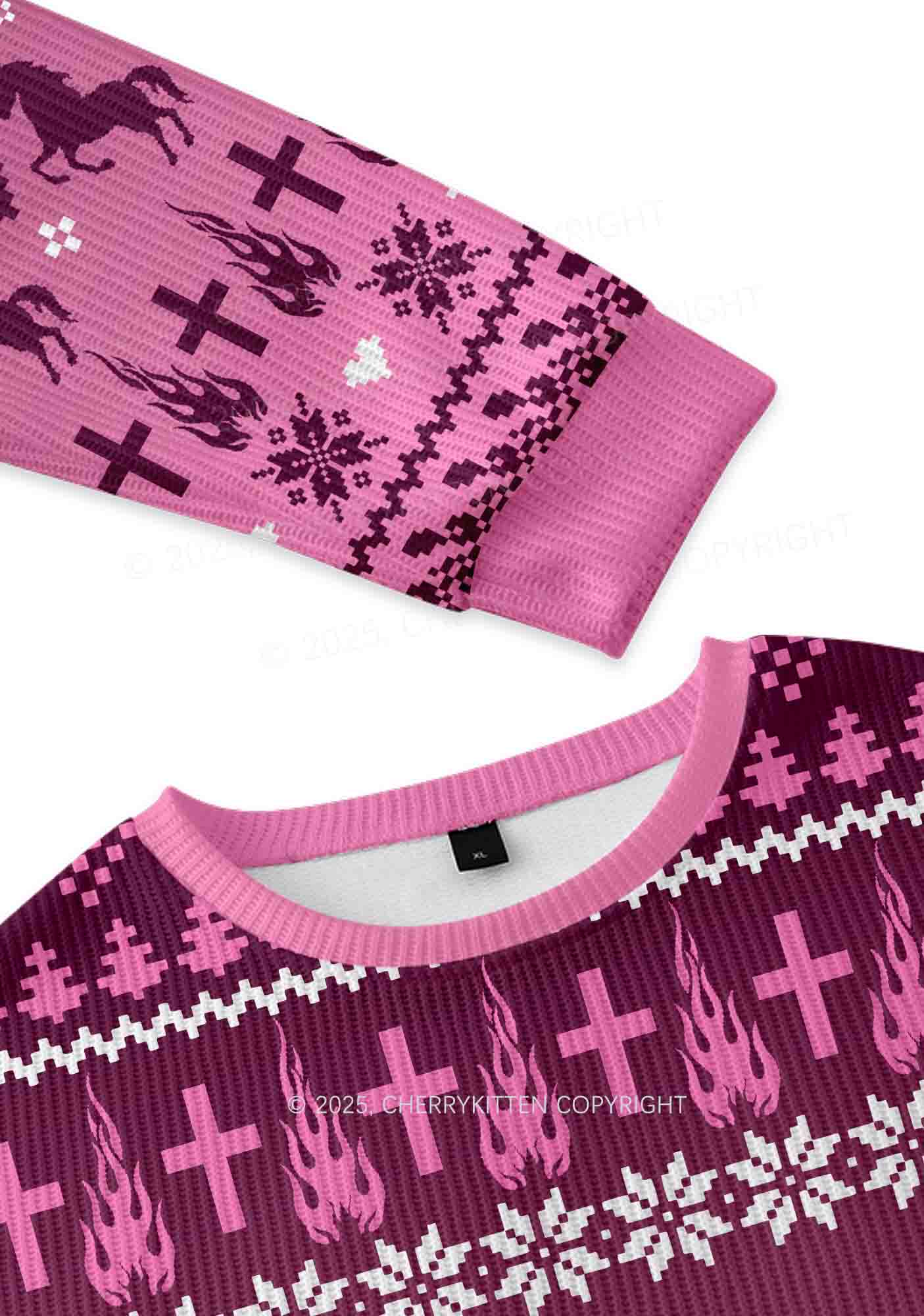 Pink K Pony Y2K Christmas Knit Sweatshirt Cherrykitten - Image 3
