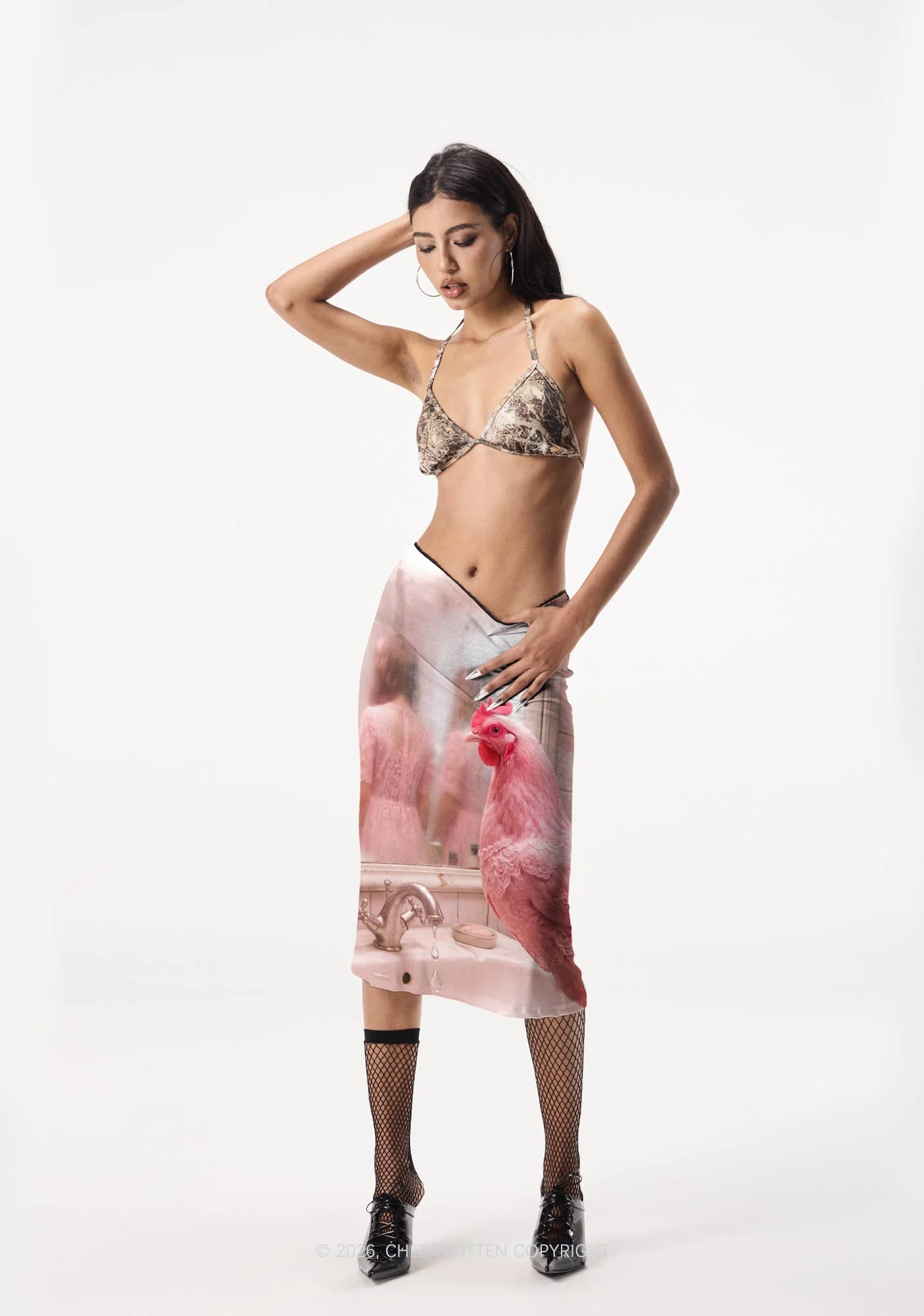 Pink Lace Chicken Y2K Print Midi Skirt Cherrykitten - Image 2