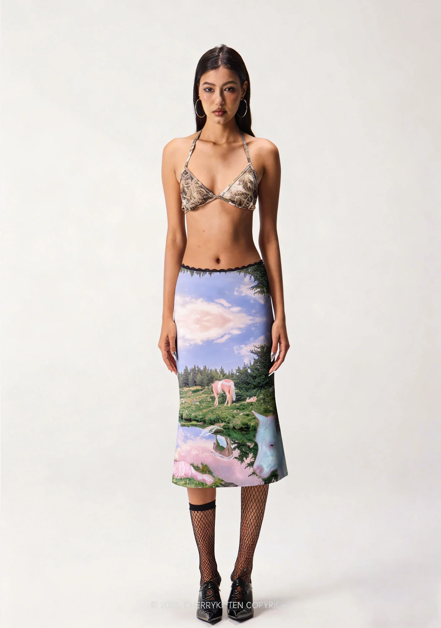 Pink Lace Pony Y2K Print Midi Skirt Cherrykitten - Image 2