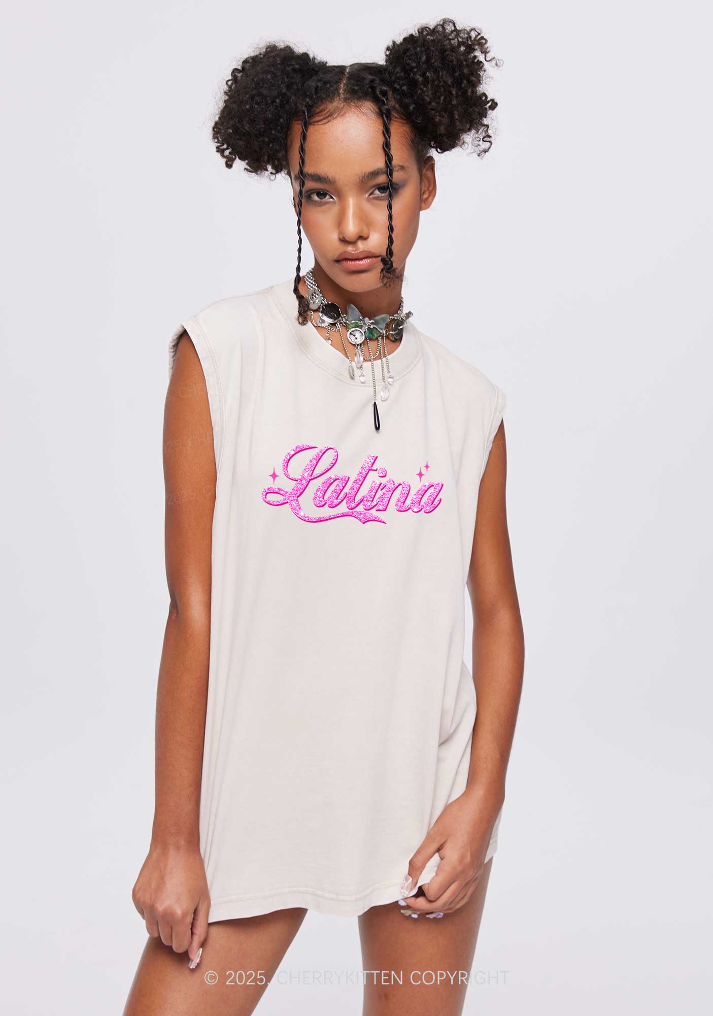 Pink Latina Y2K Washed Tank Cherrykitten - Image 3