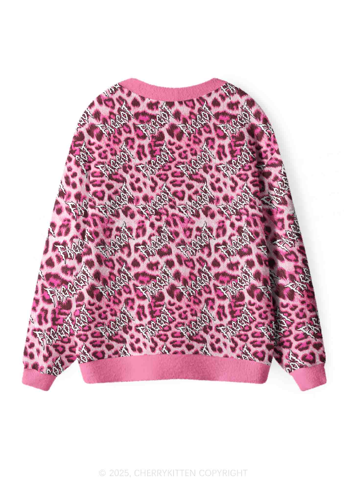 Pink Leopard Faggot Pride Y2K Christmas Cardigan Knit Sweatshirt Cherrykitten - Image 2