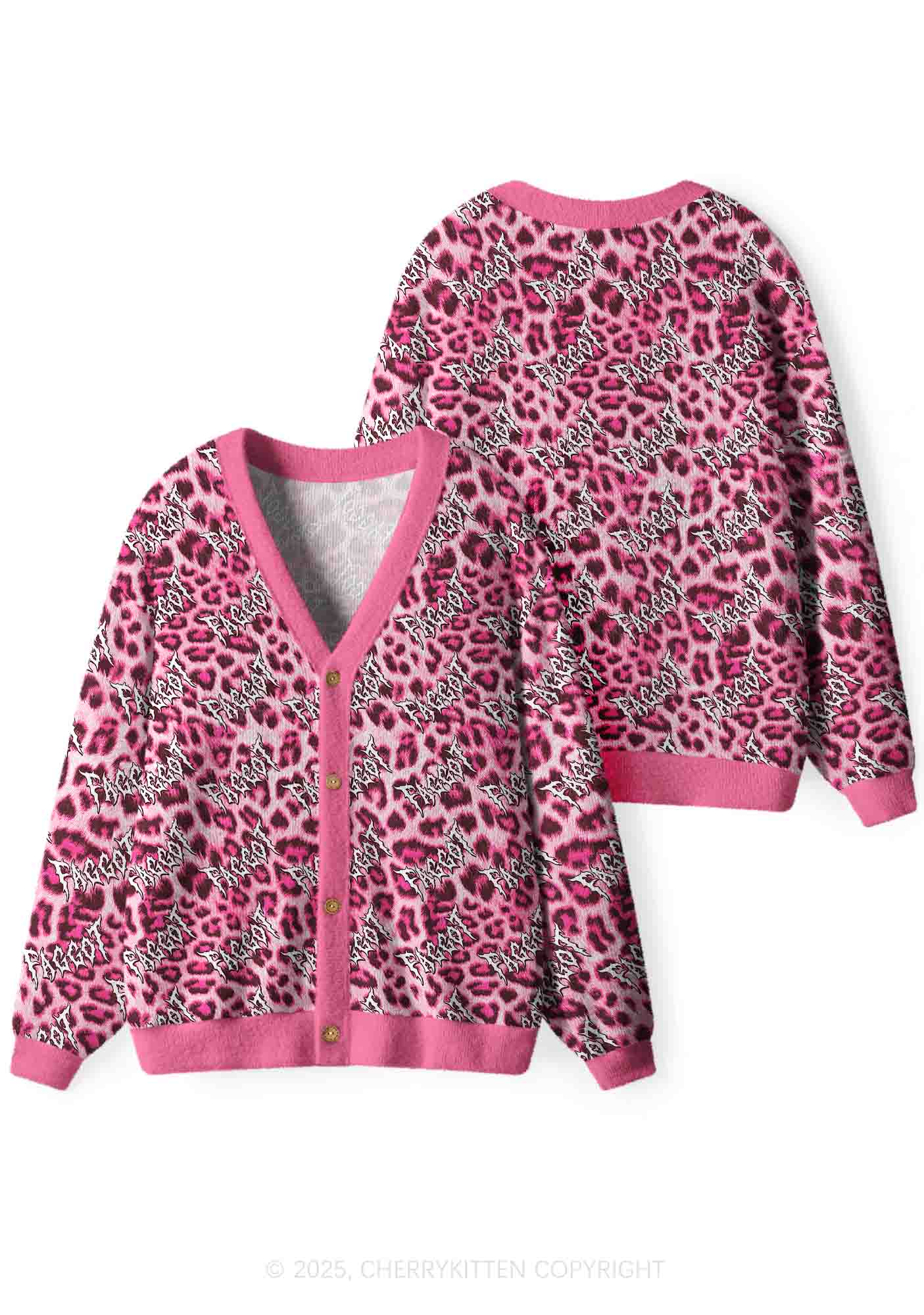 Pink Leopard Faggot Pride Y2K Christmas Cardigan Knit Sweatshirt Cherrykitten - Image 3