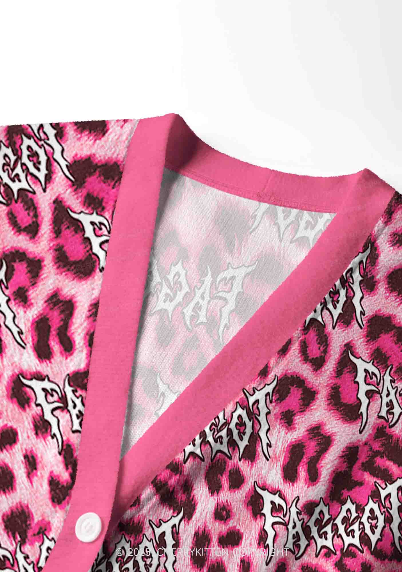 Pink Leopard Faggot Pride Y2K Christmas Cardigan Knit Sweatshirt Cherrykitten - Image 5