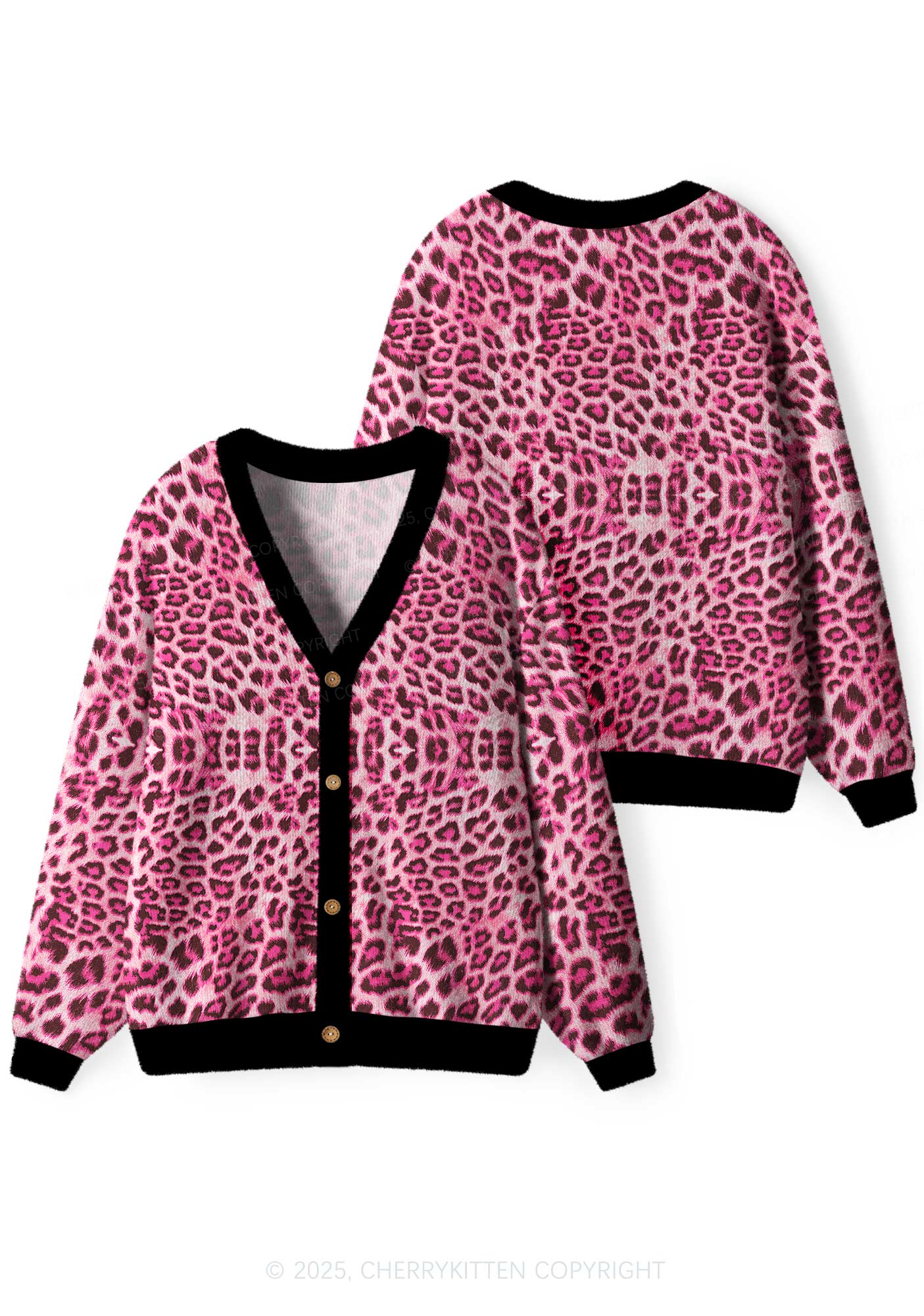 Pink Leopard Y2K Christmas Cardigan Knit Sweatshirt Cherrykitten - Image 3