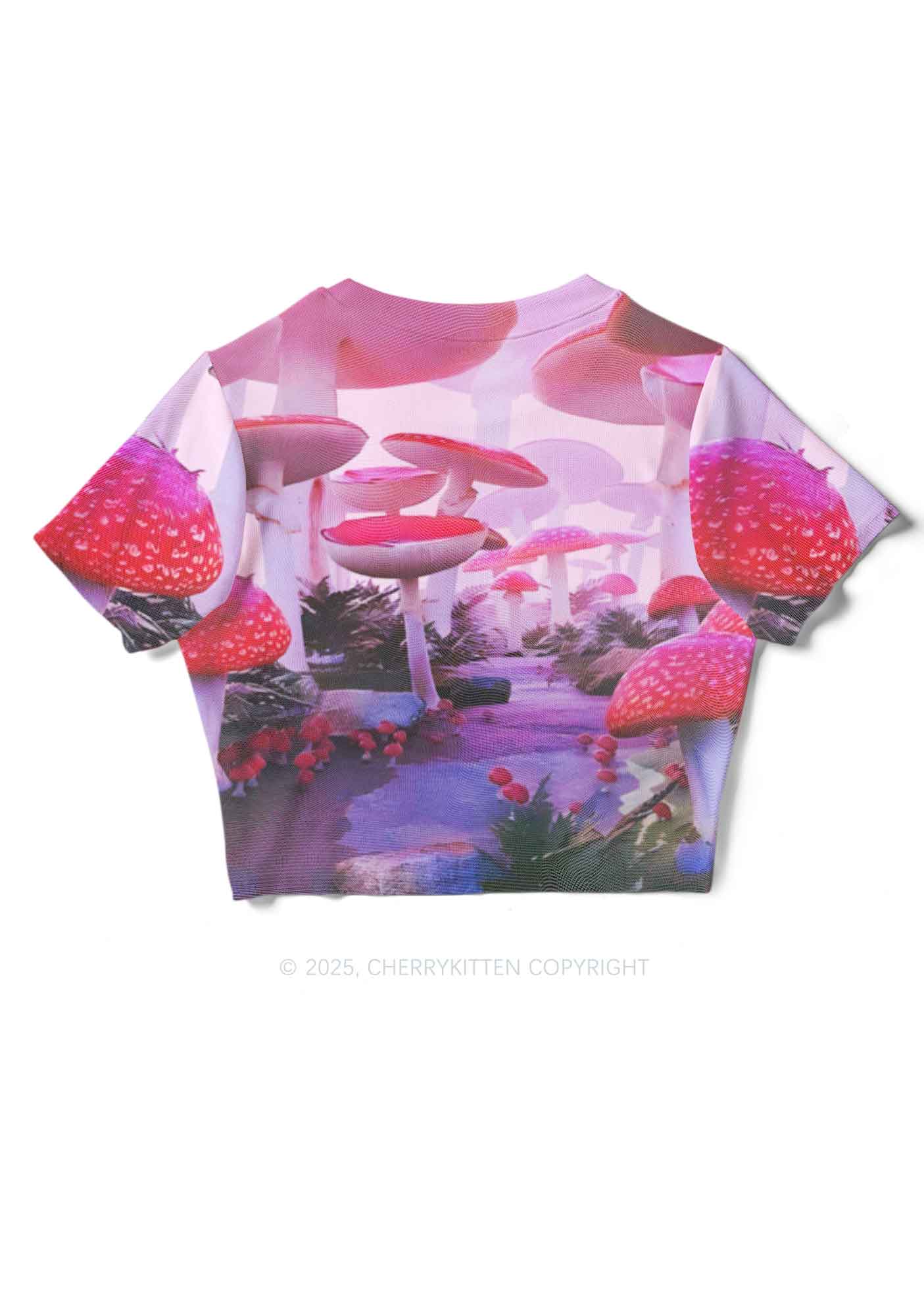 Pink Mushroom Y2K Mesh Crop Top Cherrykitten - Image 4