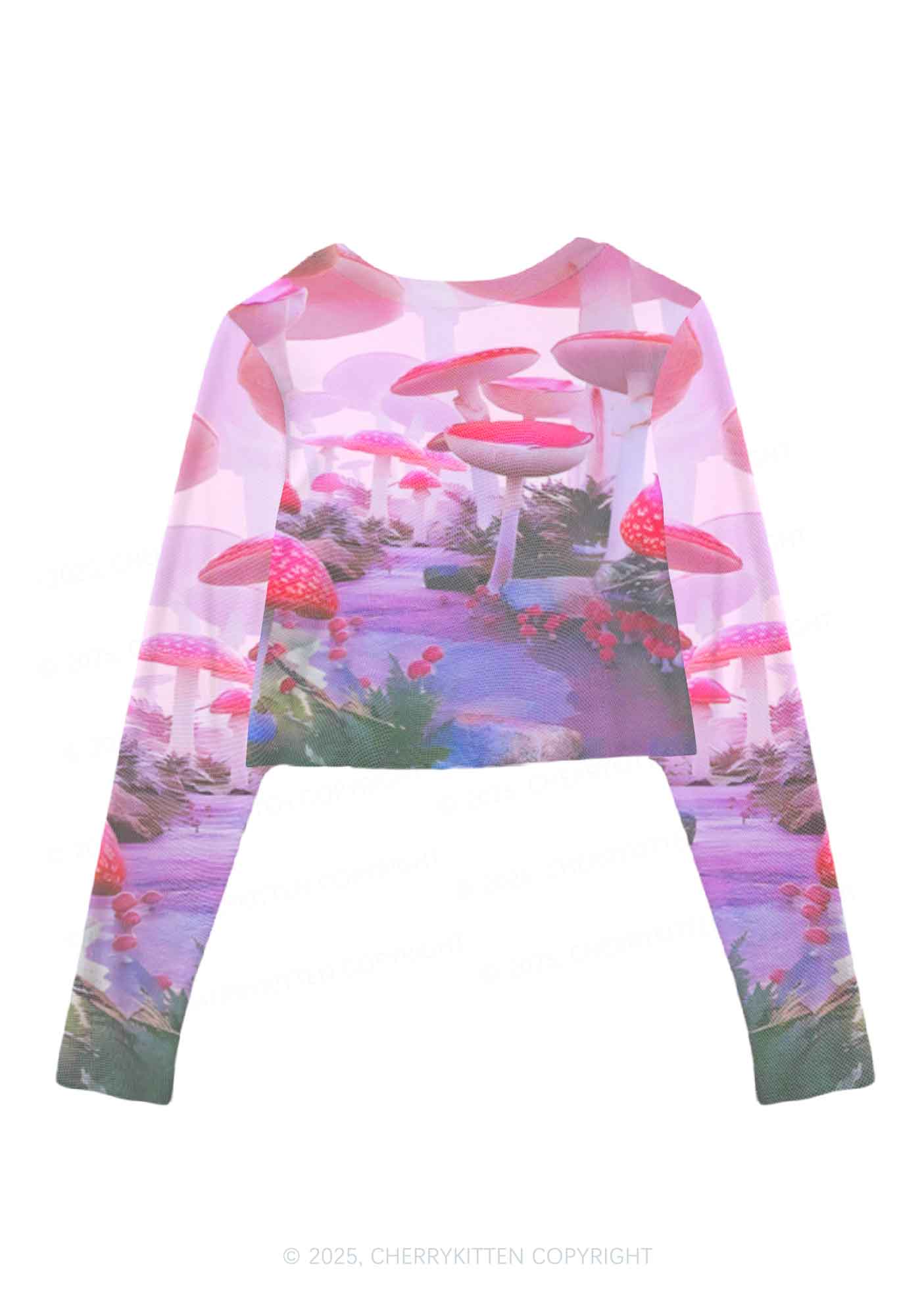 Pink Mushroom Y2K Mesh Long Sleeve Crop Top Cherrykitten - Image 2