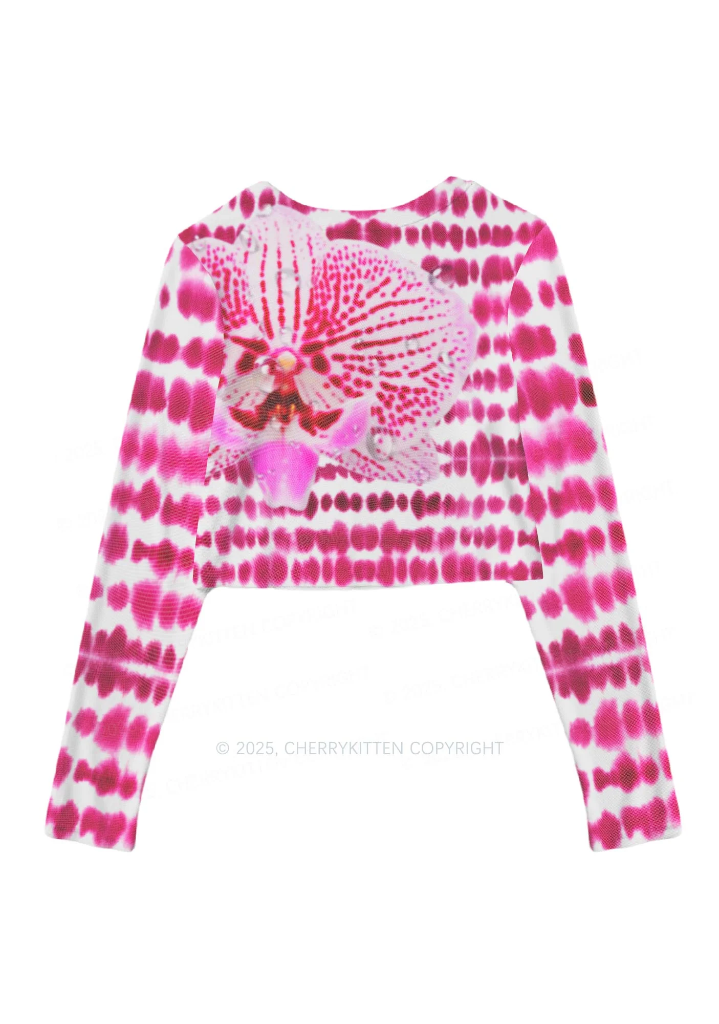 Pink Orchid Dewdrops Y2K Mesh Long Sleeve Crop Top Cherrykitten - Image 3