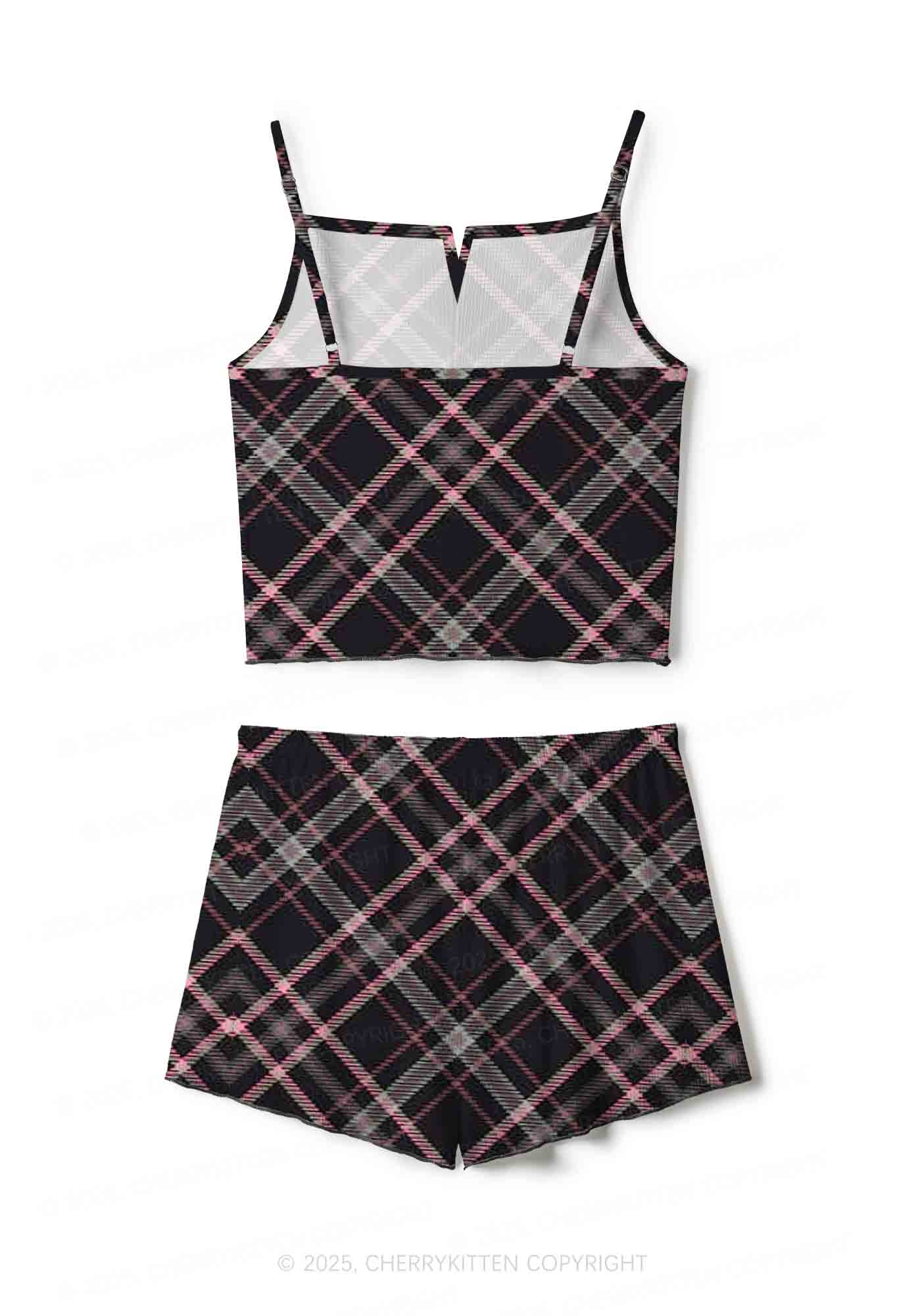 Pink Plaid Y2K Print Cami Shorts Pajama Set Cherrykitten - Image 3