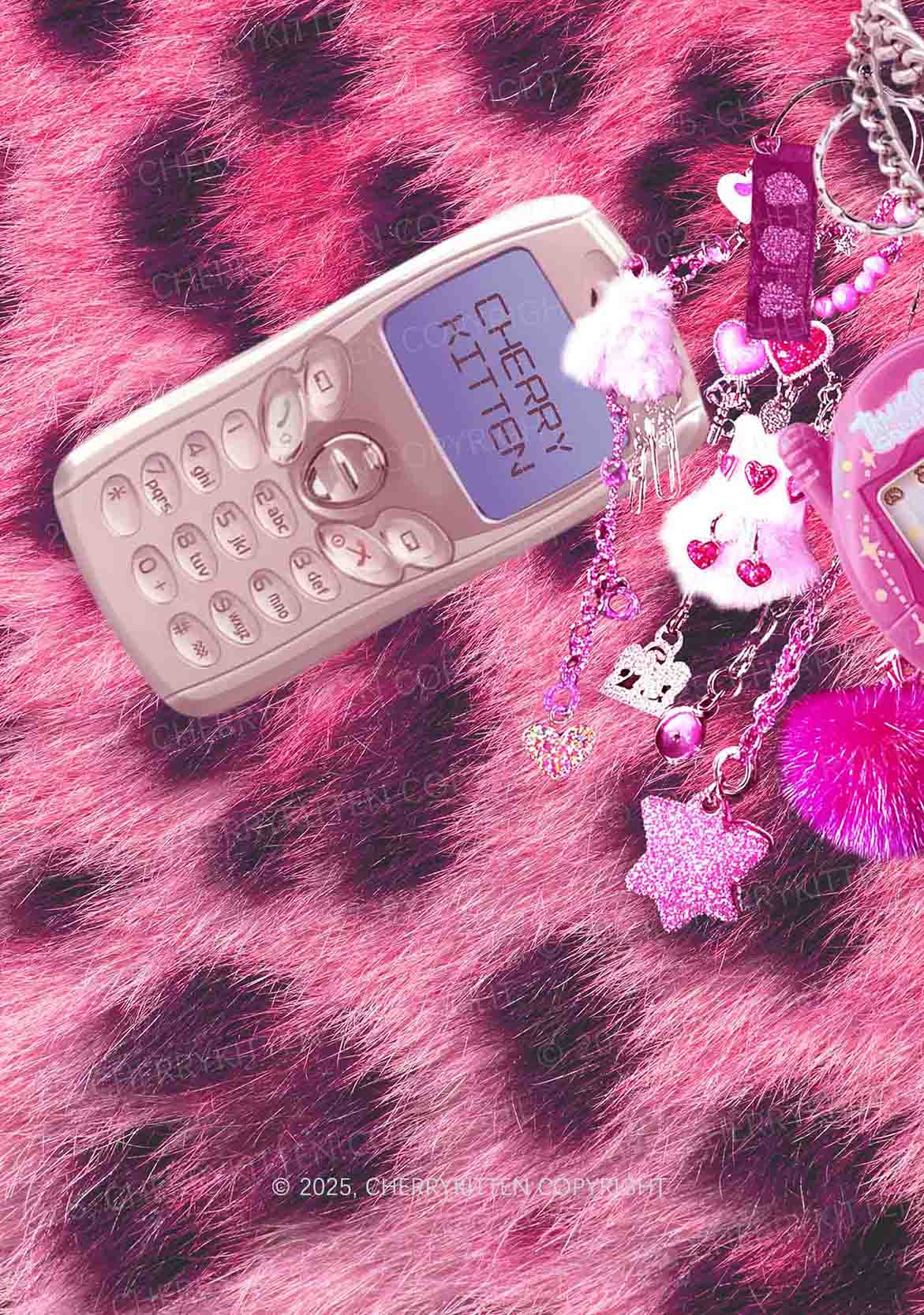 Pink Plush Phone Y2K Mesh Crop Top Cherrykitten - Image 2