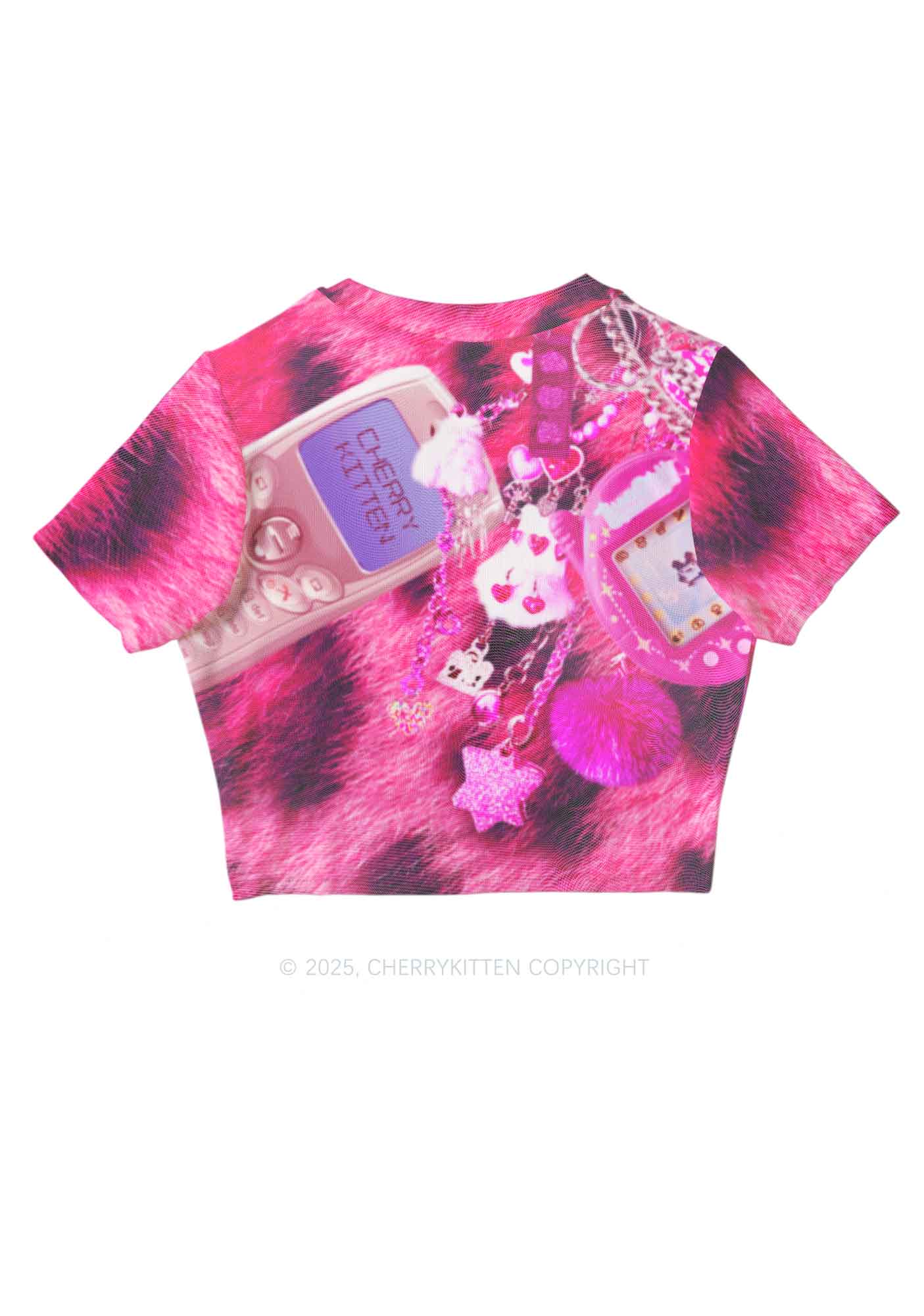 Pink Plush Phone Y2K Mesh Crop Top Cherrykitten - Image 3