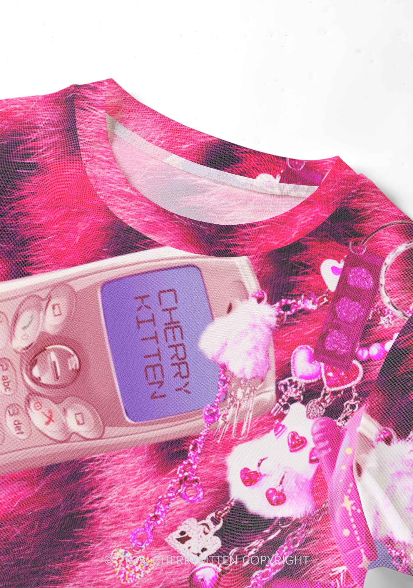 Pink Plush Phone Y2K Mesh Crop Top Cherrykitten - Image 5