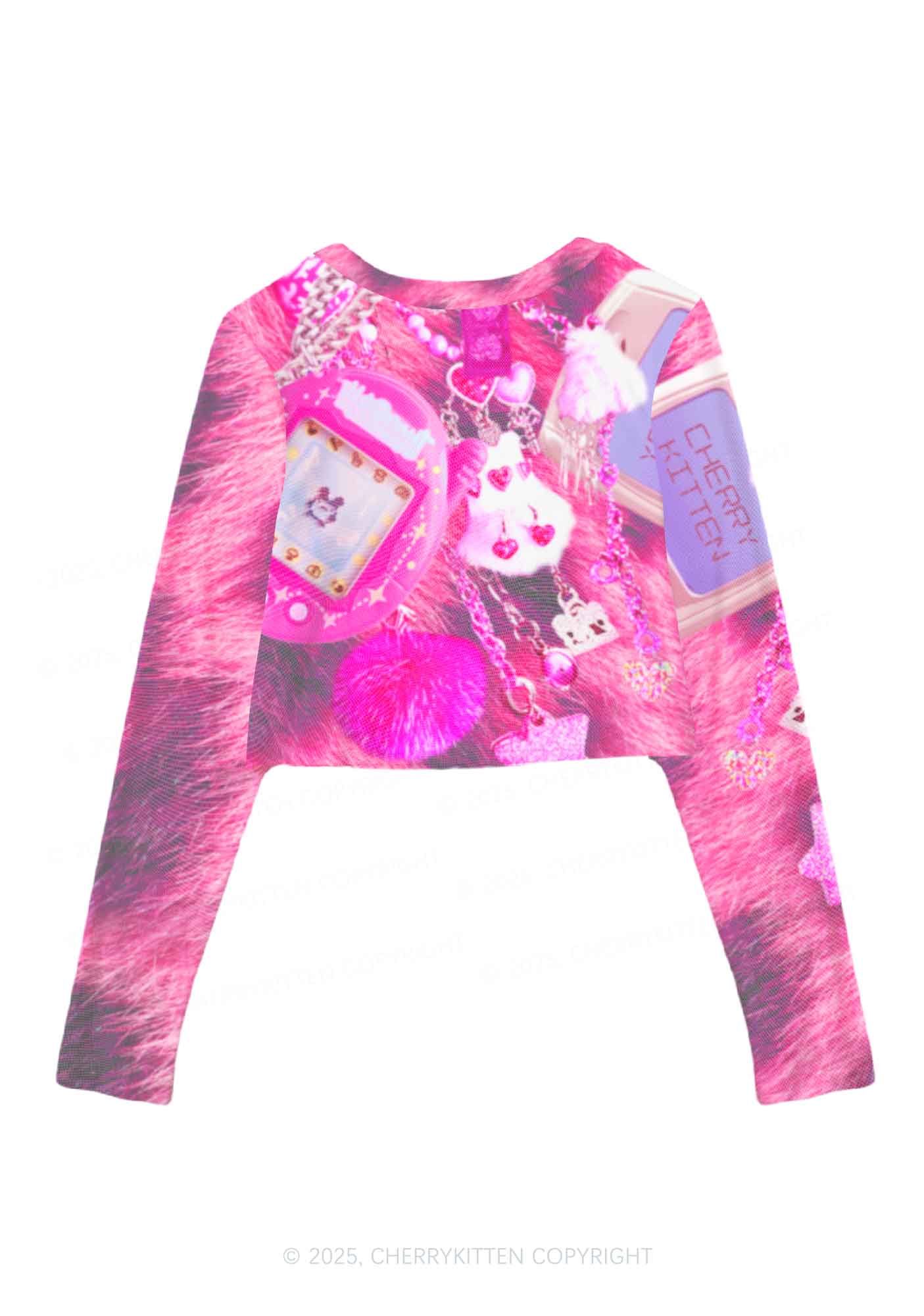 Pink Plush Phone Y2K Mesh Long Sleeve Crop Top Cherrykitten - Image 3