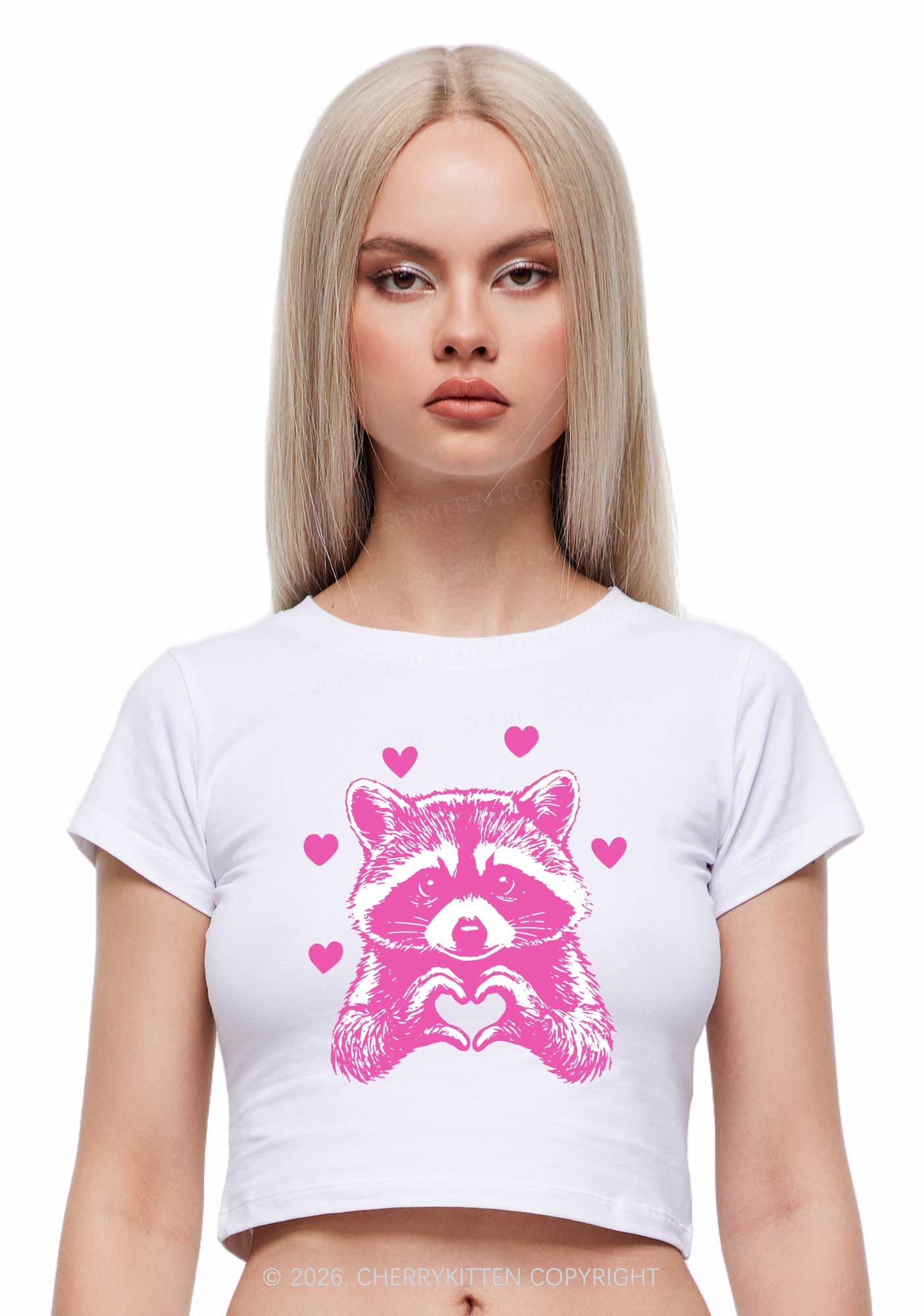 Pink Raccoon Heart Valentine's Day Y2K Baby Tee Cherrykitten - Image 2
