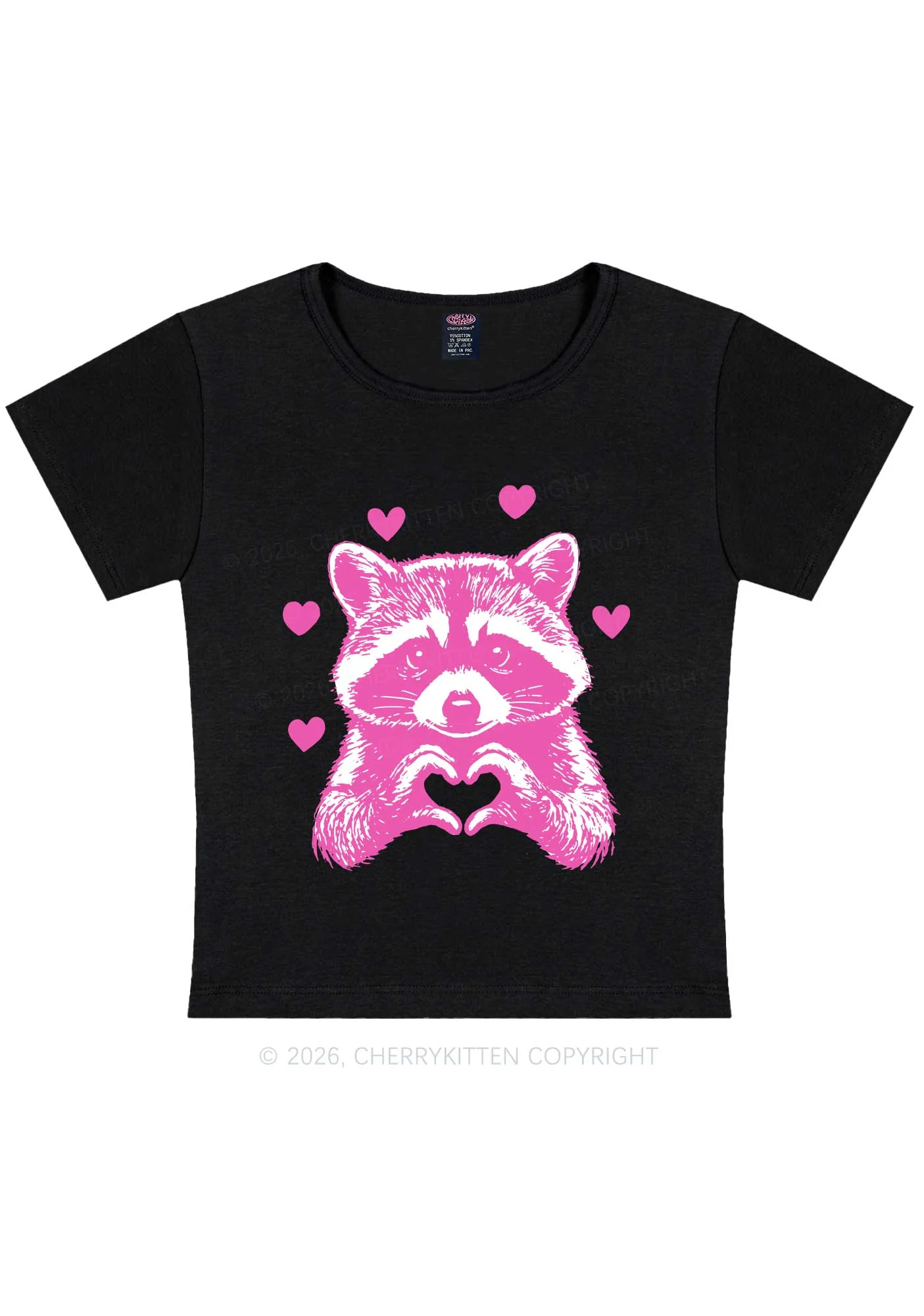 Pink Raccoon Heart Valentine's Day Y2K Baby Tee Cherrykitten - Image 3