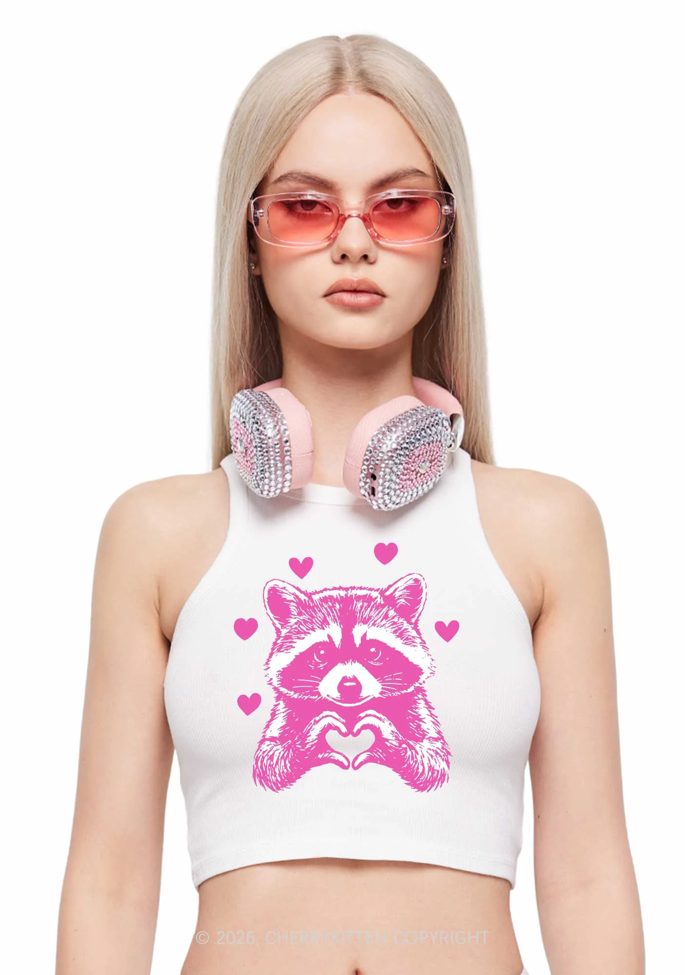Pink Raccoon Heart Valentine's Day Y2K Crop Tank Top Cherrykitten - Image 2