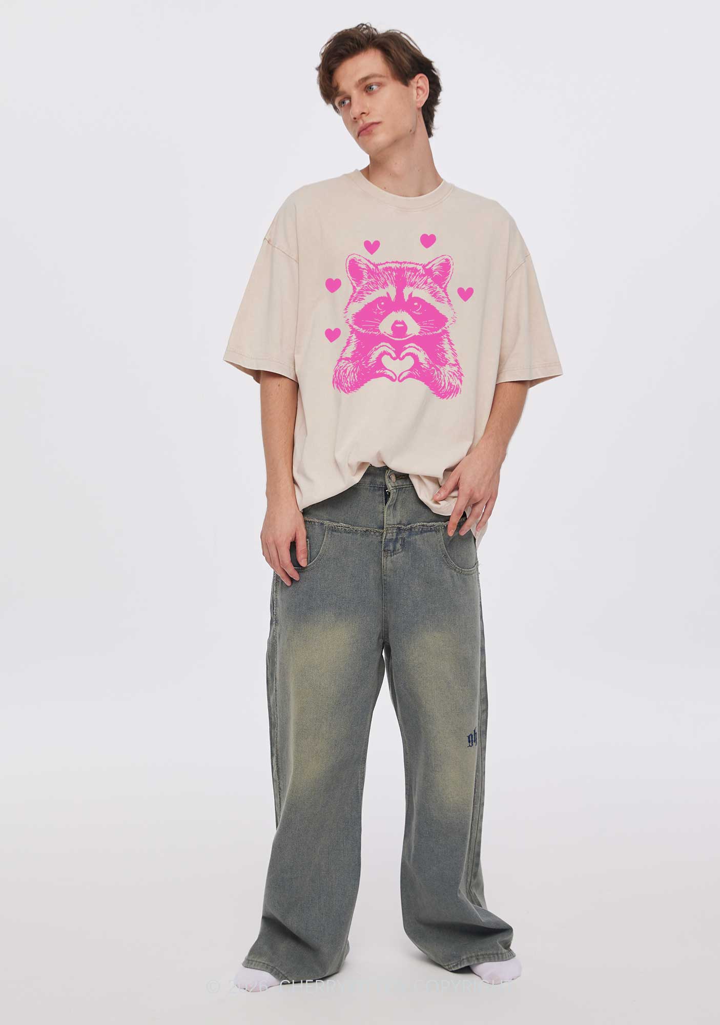 Pink Raccoon Heart Valentine's Day Y2K Shirts Washed Tee Cherrykitten - Image 2