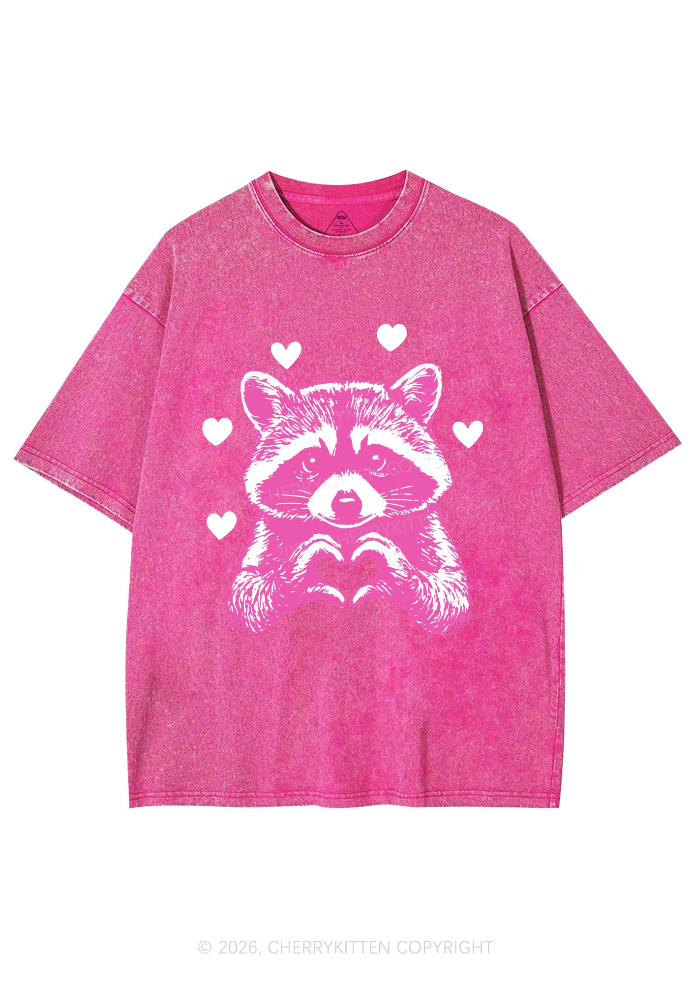Pink Raccoon Heart Valentine's Day Y2K Shirts Washed Tee Cherrykitten - Image 3