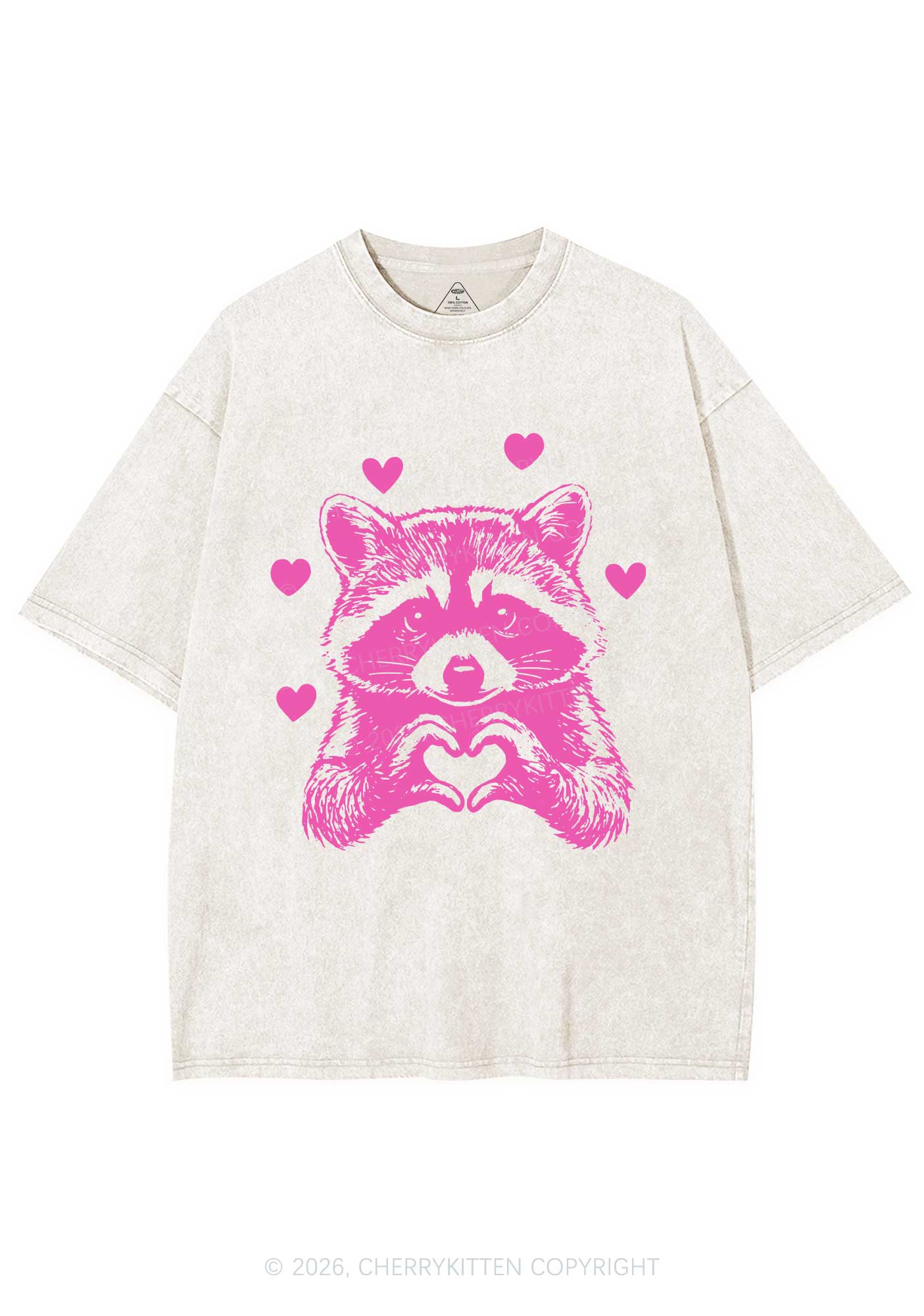 Pink Raccoon Heart Valentine's Day Y2K Shirts Washed Tee Cherrykitten - Image 4