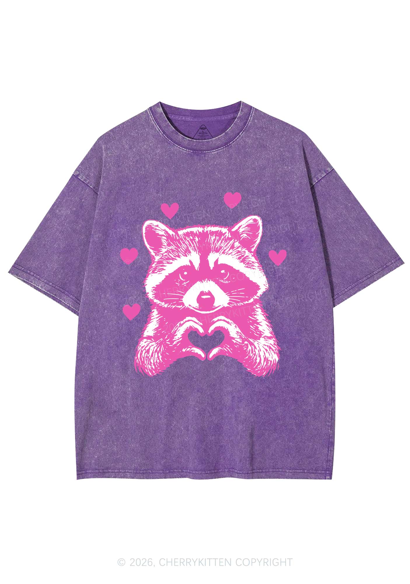 Pink Raccoon Heart Valentine's Day Y2K Shirts Washed Tee Cherrykitten - Image 5