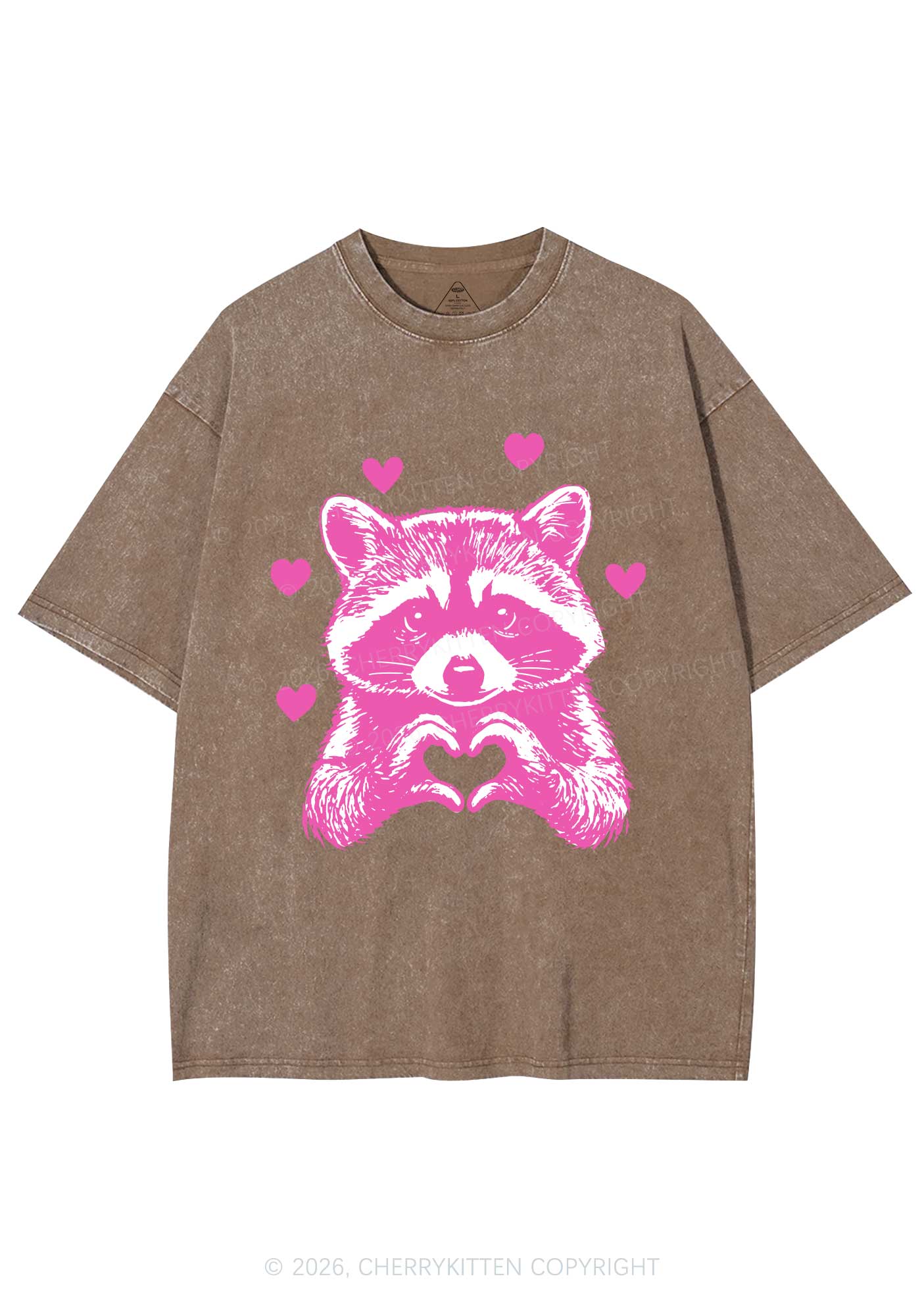 Pink Raccoon Heart Valentine's Day Y2K Shirts Washed Tee Cherrykitten - Image 6