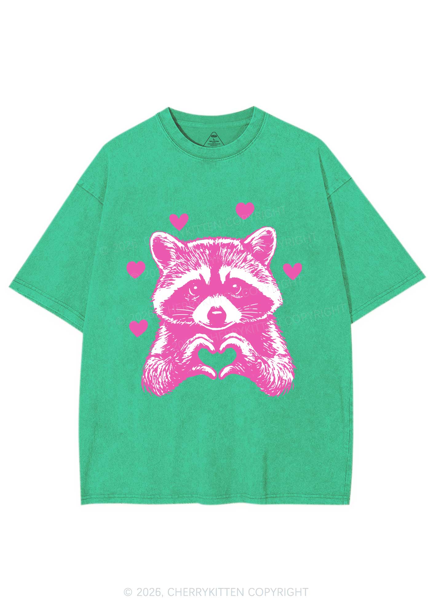 Pink Raccoon Heart Valentine's Day Y2K Shirts Washed Tee Cherrykitten - Image 7