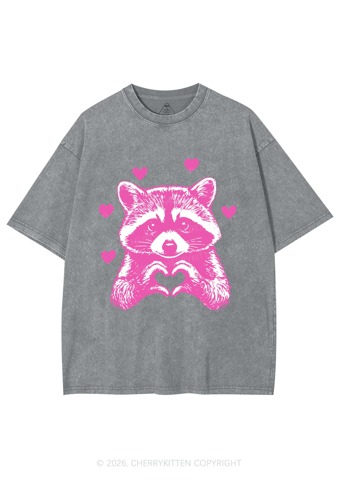 Pink Raccoon Heart Valentine's Day Y2K Shirts Washed Tee Cherrykitten - Image 8