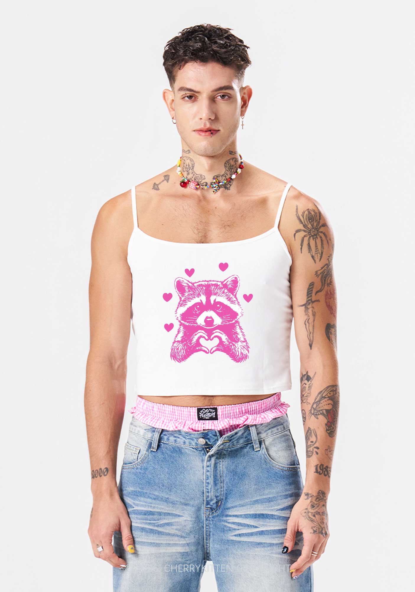 Pink Raccoon Heart Valentine's Day Y2K Spaghetti Strap Cami Cherrykitten - Image 2