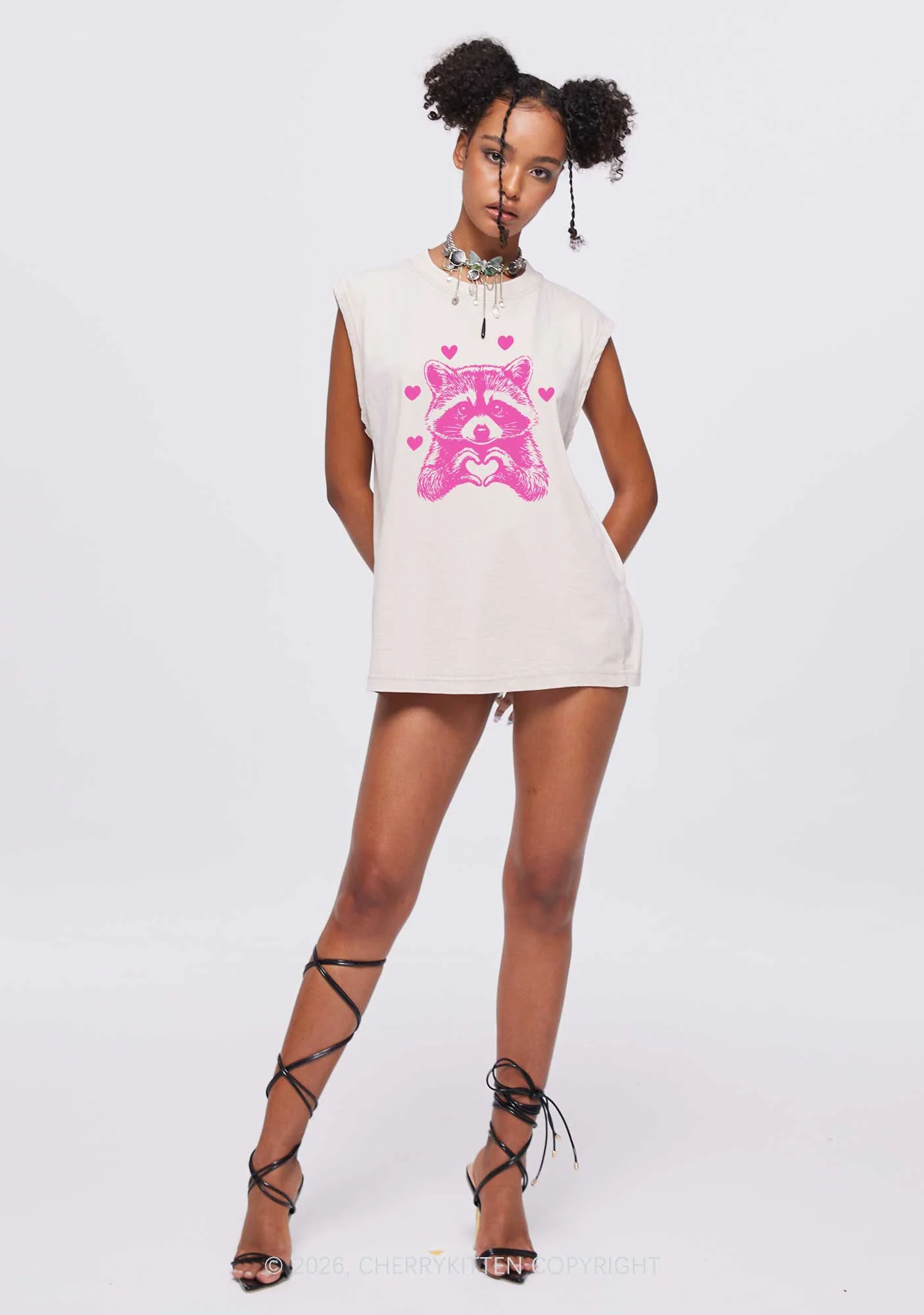 Pink Raccoon Heart Valentine's Day Y2K Washed Muscle Tank Cherrykitten - Image 2