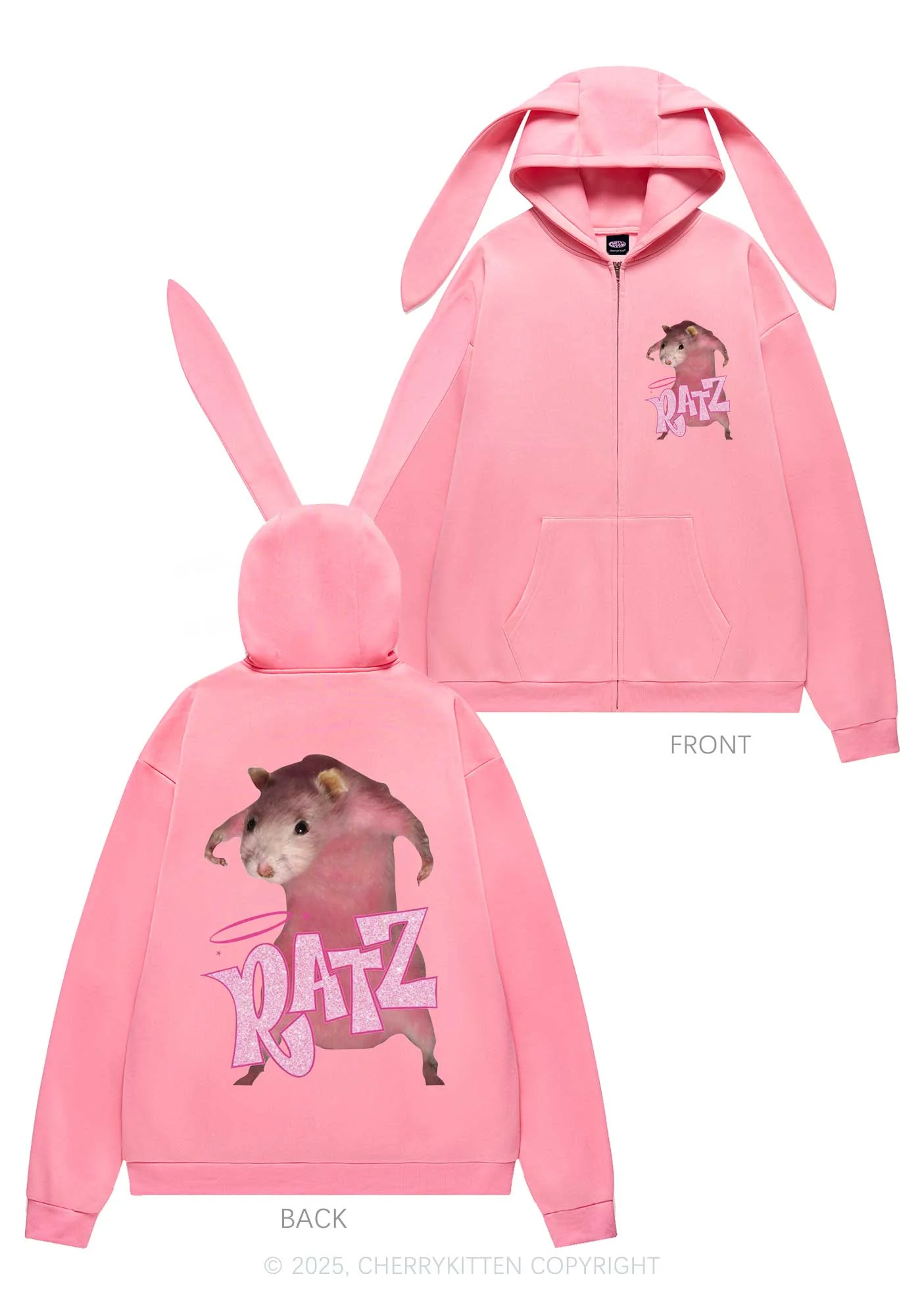 Pink Ratz Y2K Bunny Ear Zip Hoodie Cherrykitten - Image 4