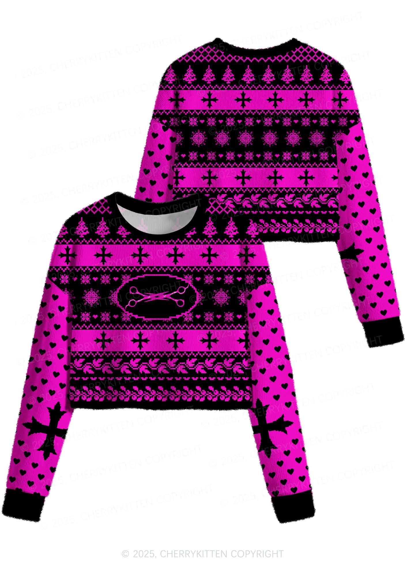 Pink Scissor Pride Y2K Christmas Crop Knit Sweatshirt Cherrykitten - Image 3