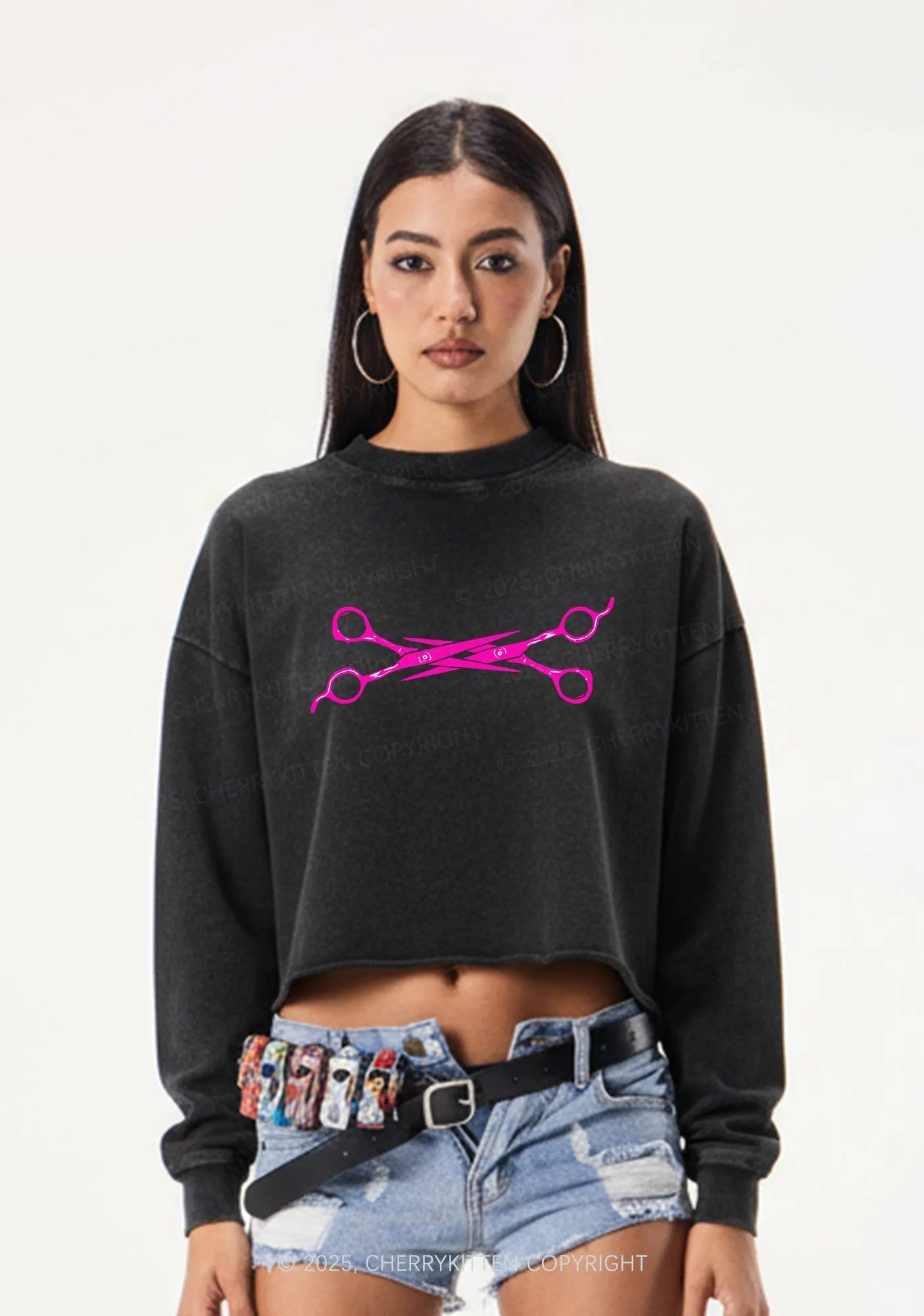 Pink Scissor Pride Y2K Crop Washed Sweatshirts Cherrykitten - Image 2