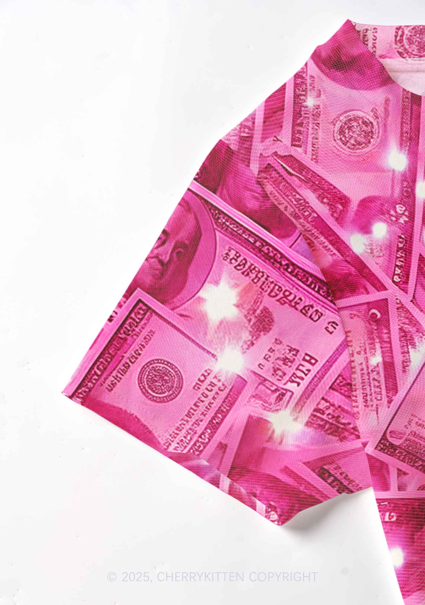 Pink Shiny Money Y2K Mesh Crop Top Cherrykitten - Image 3