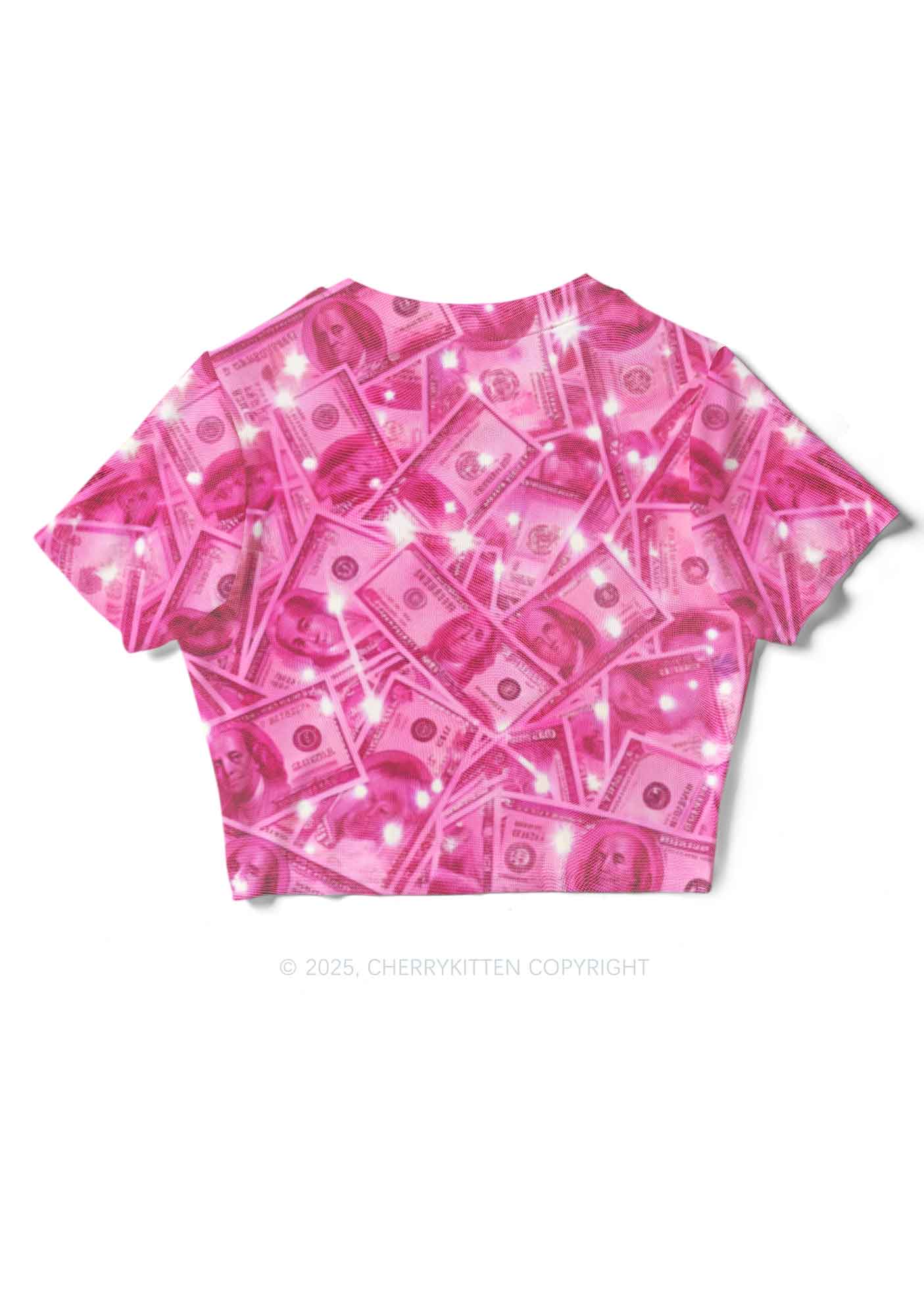 Pink Shiny Money Y2K Mesh Crop Top Cherrykitten - Image 4