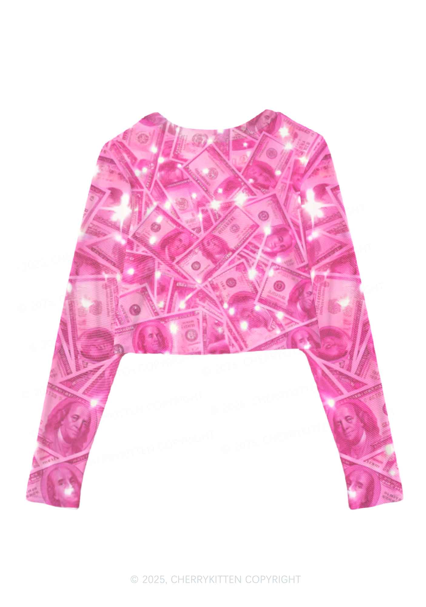 Pink Shiny Money Y2K Mesh Long Sleeve Crop Top Cherrykitten - Image 2