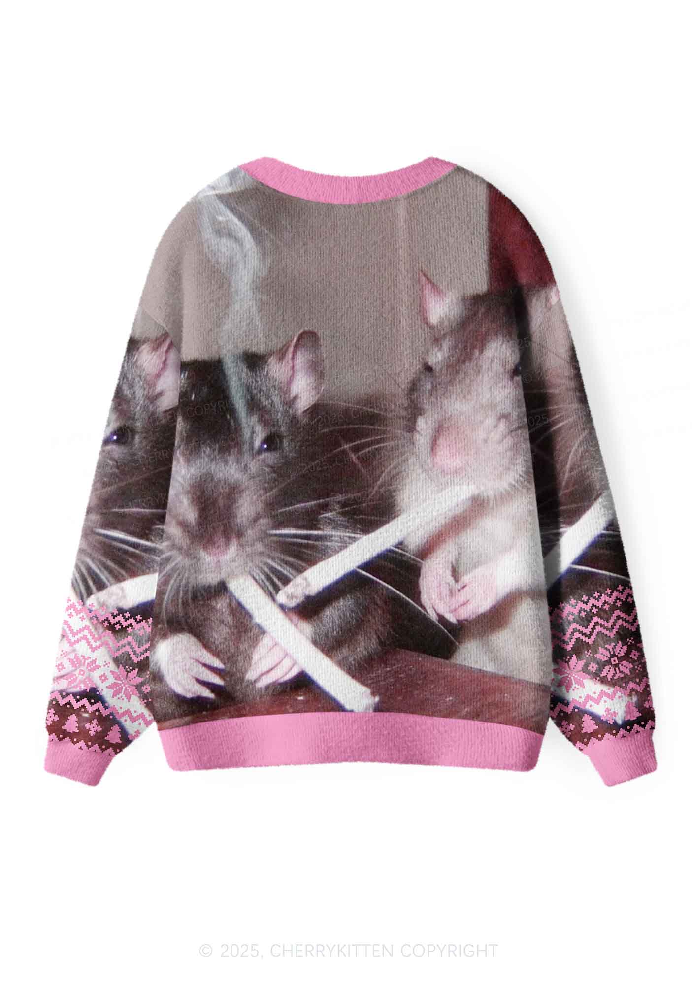 Pink Smoking Rats Y2K Christmas Cardigan Knit Sweatshirt Cherrykitten - Image 2