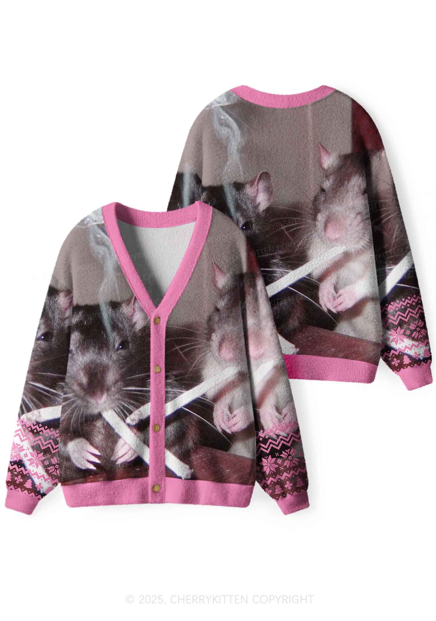 Pink Smoking Rats Y2K Christmas Cardigan Knit Sweatshirt Cherrykitten - Image 3