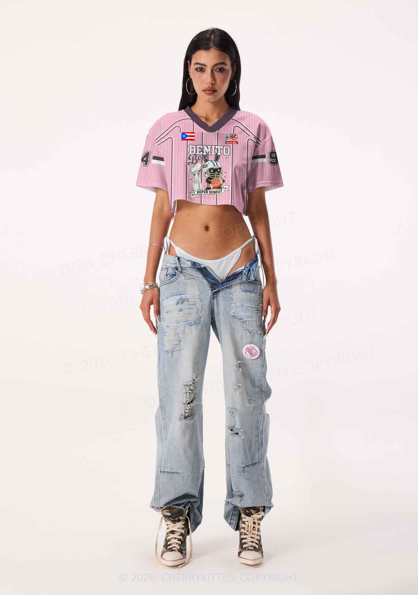 Pink Stripes Bunny Y2K Crop Sport Jersey Shirts Cherrykitten - Image 2